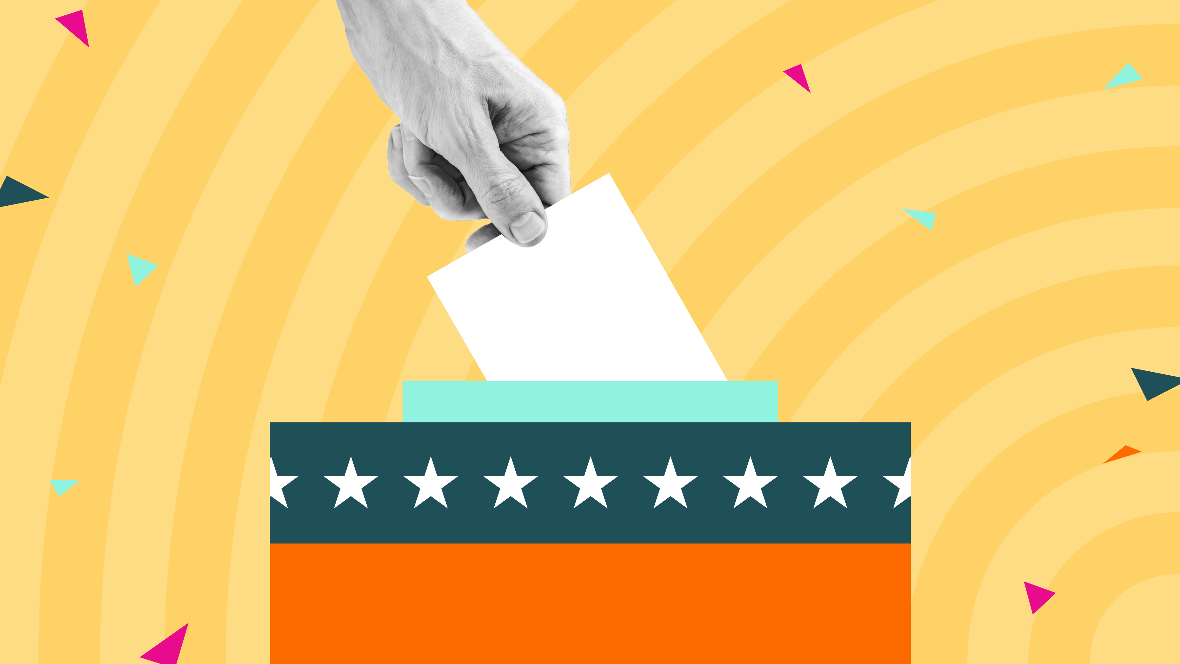 A graphic illustration showing a hand inserting a ballot into a box