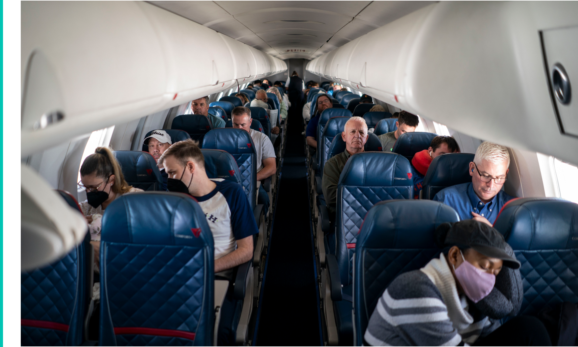 Passengers and flight attendants aboard a flight from LaGuardia Airport bound for Kansas City International Airport on Wednesday, May 4, 2022 in Queens, NY
