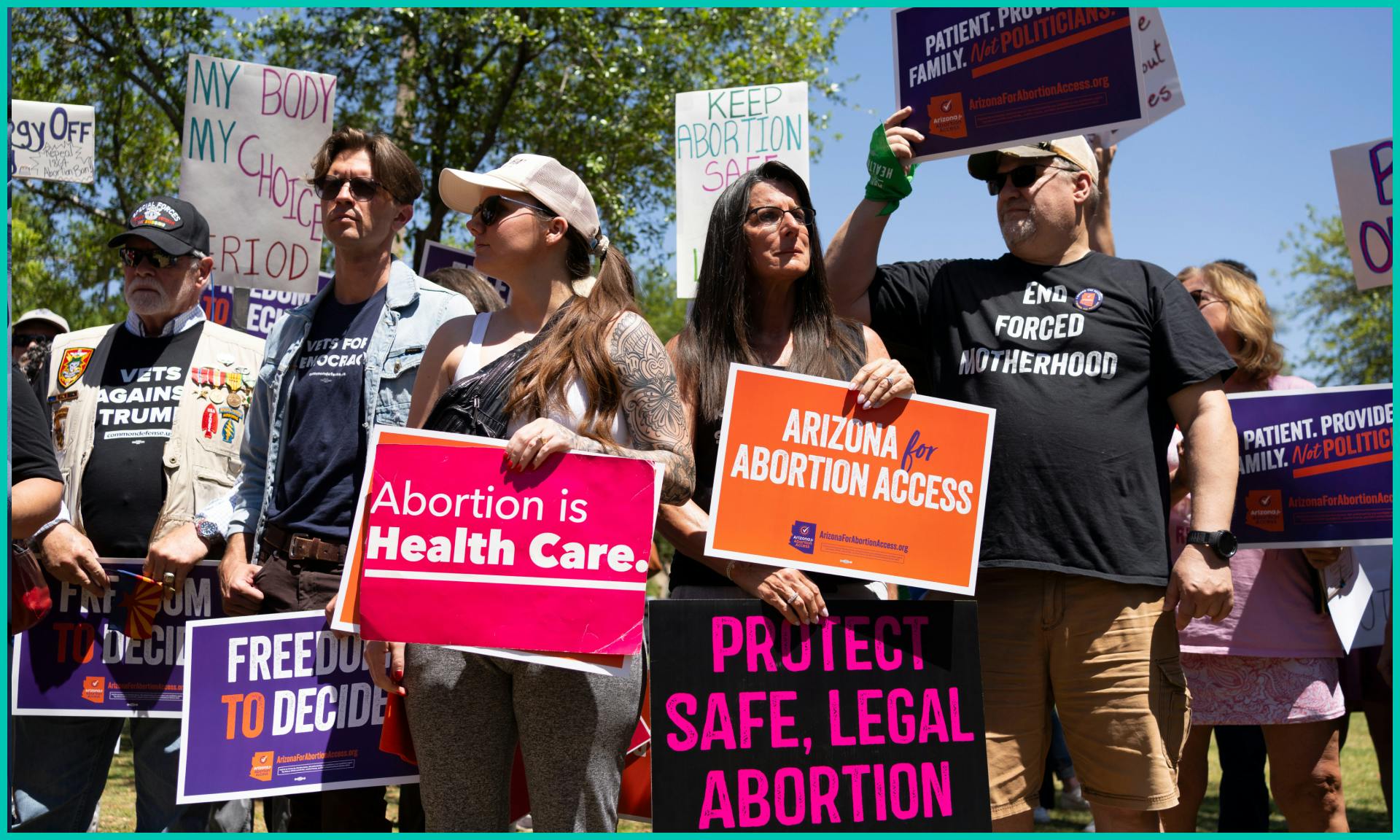 Members of Arizona for Abortion Access, the ballot initiative to enshrine abortion rights in the Arizona State Constitution, hold a press conference and protest condemning Arizona House Republicans and the 1864 abortion ban