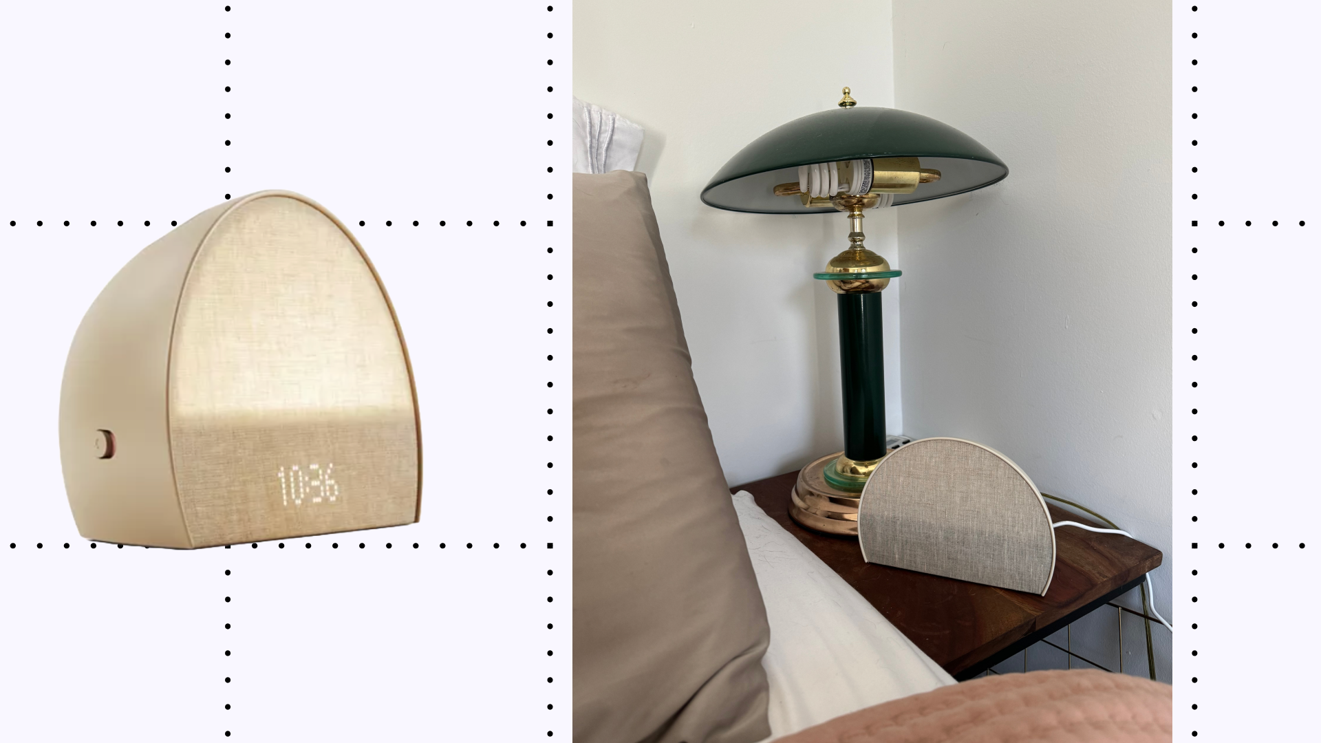 An image of the Hatch Restore 2 on a nightstand beside a green lamp next to a product image of the Hatch Restore 2