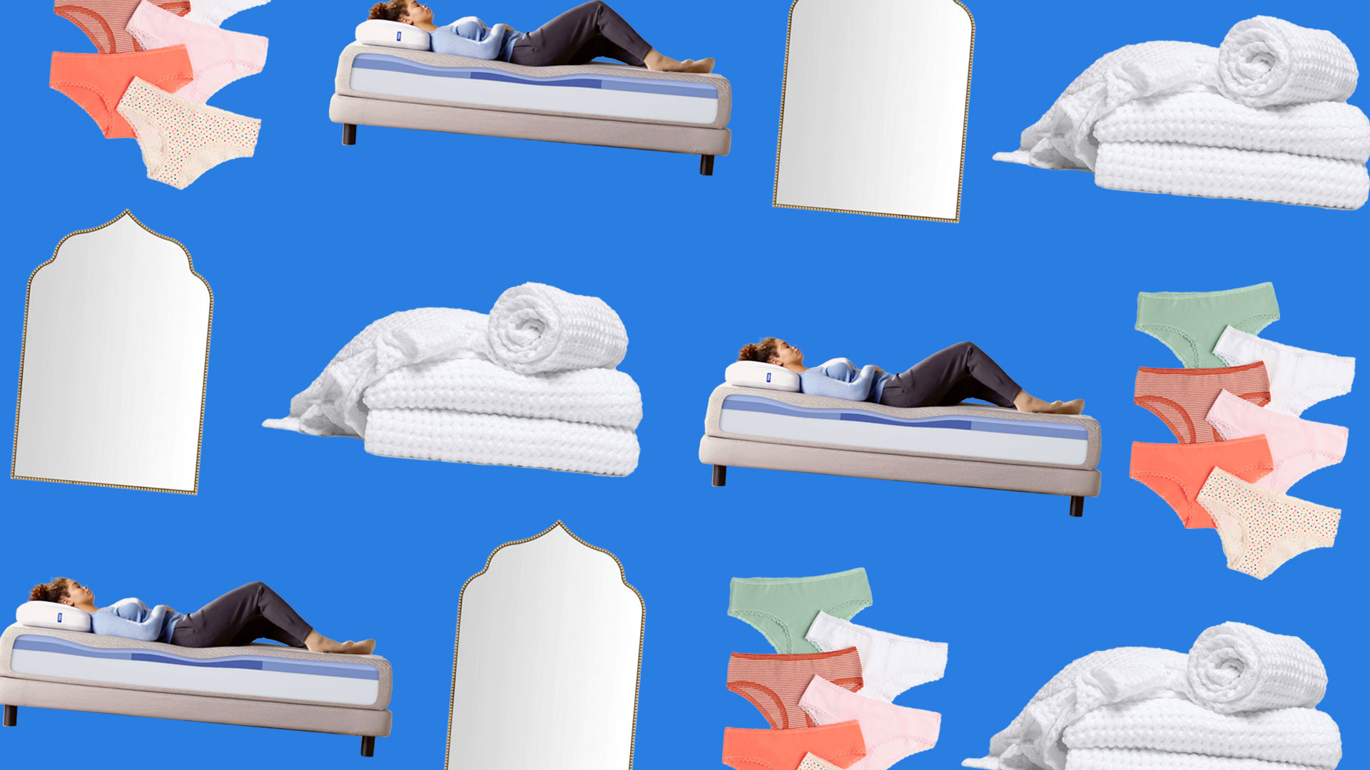 Collage of waffle towels, mattress, arched mirror, colorful undies