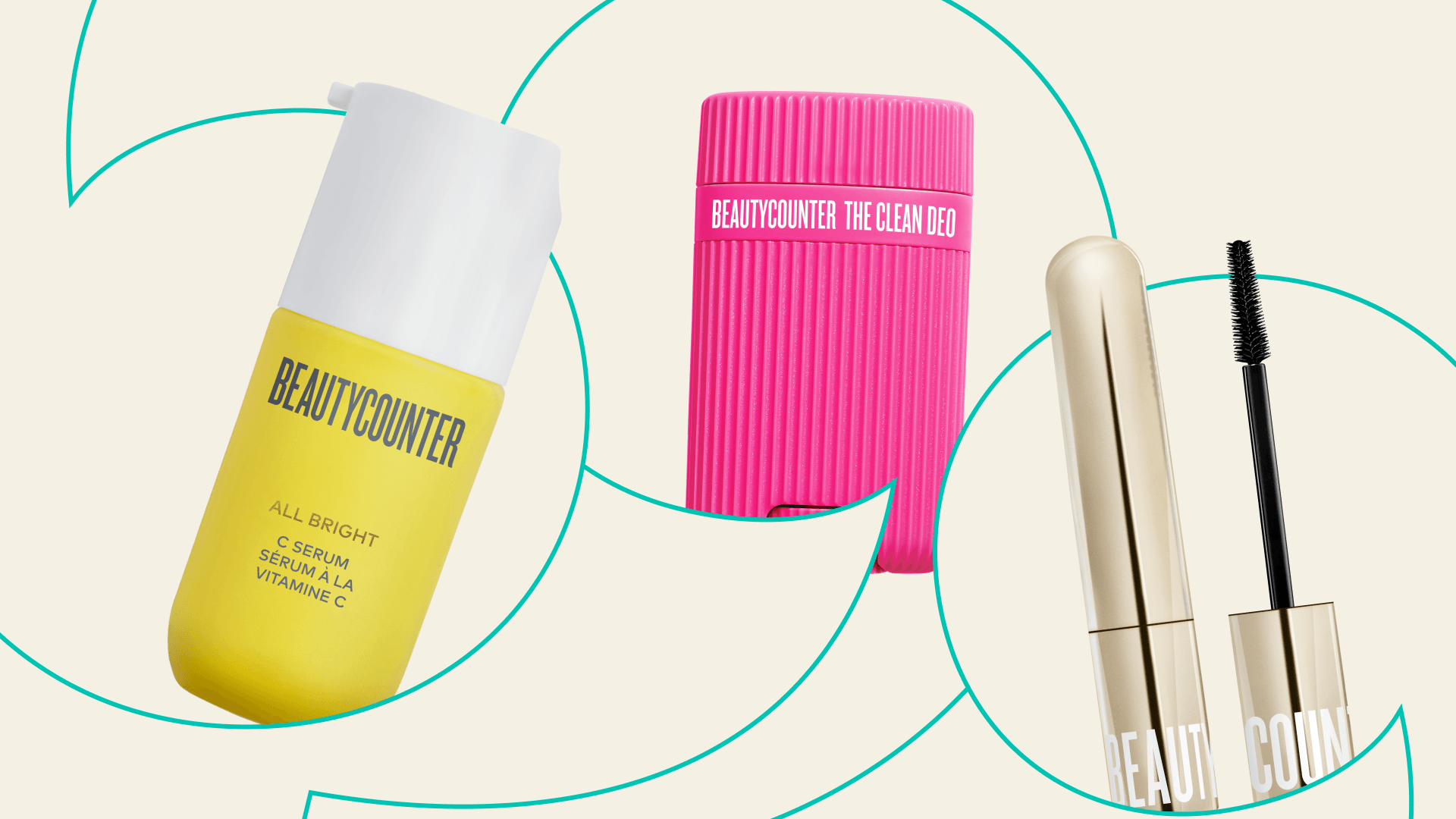 makeup and beauty products floating on tan background