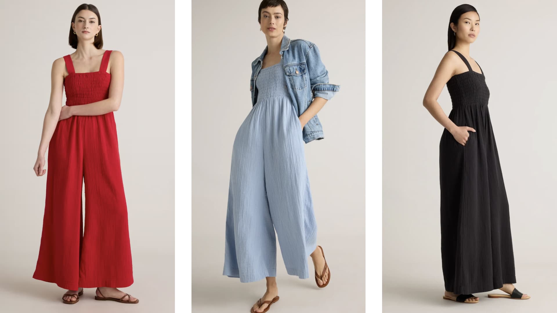 Colorful jumpsuits from Quince. 