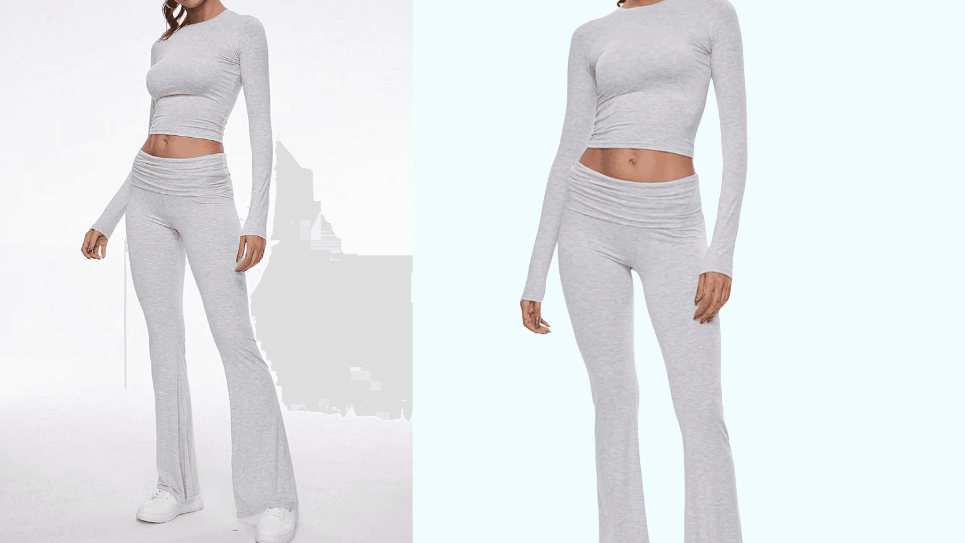 AnotherChill Women's 2 Piece Lounge Sets Fold-over Flare Pants Set Long Sleeve Cropped Top Casual Outfits Pajamas (Light-Gray, X-Small Petite)