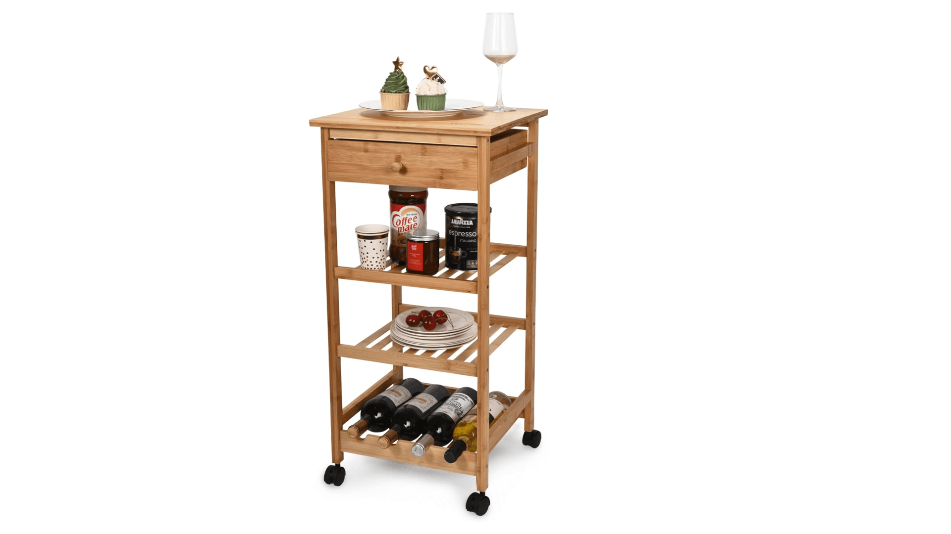 Hallops Kitchen Cart with Drawer and Basket - Brown Kitchen Cart Island for Small Spaces - Extra Counter Space or Spice Rack - Portable Dining Table with Wheels - Elegant Solid Wood Top, Spice Drawer
