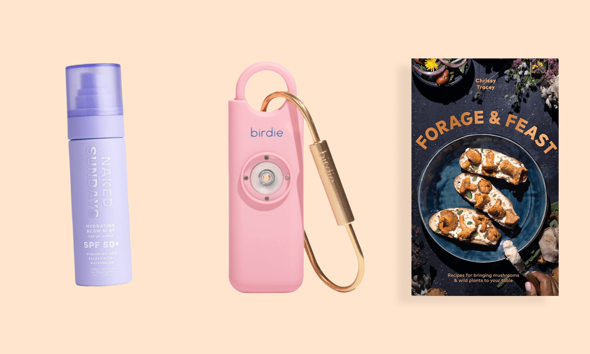 Three product images; Naked Sundays SPF, Birdie personal alarm, and "Forage and Feast" cookbook