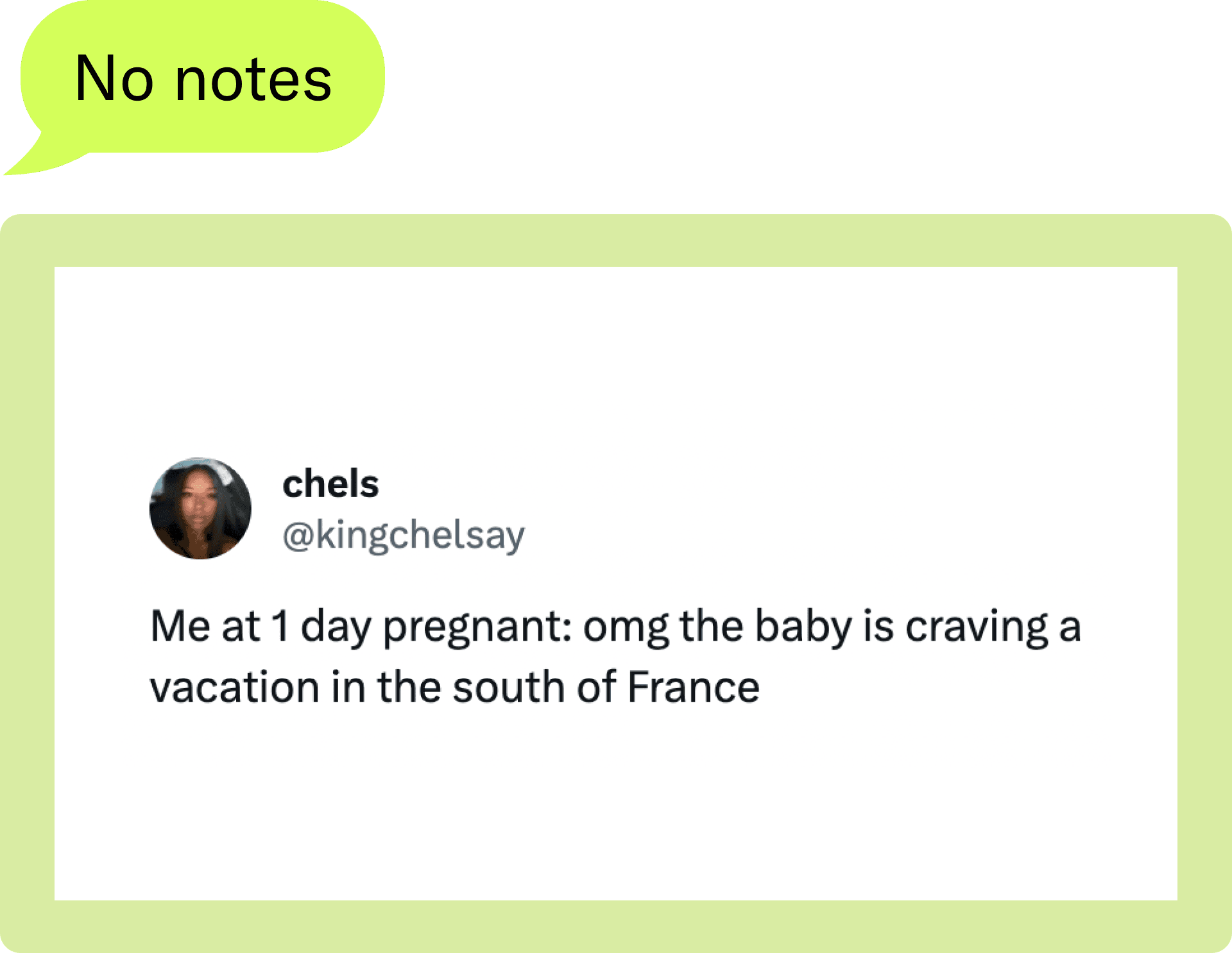 “Me at 1 day pregnant: omg the baby is craving a vacation in the south of France” — @kingchelsay