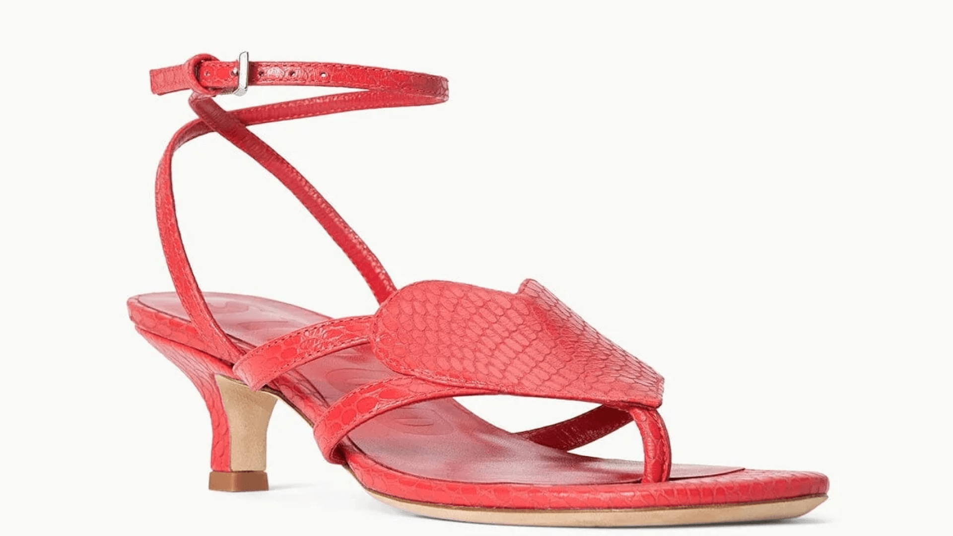 staud red kitten heel sandals with heart detail