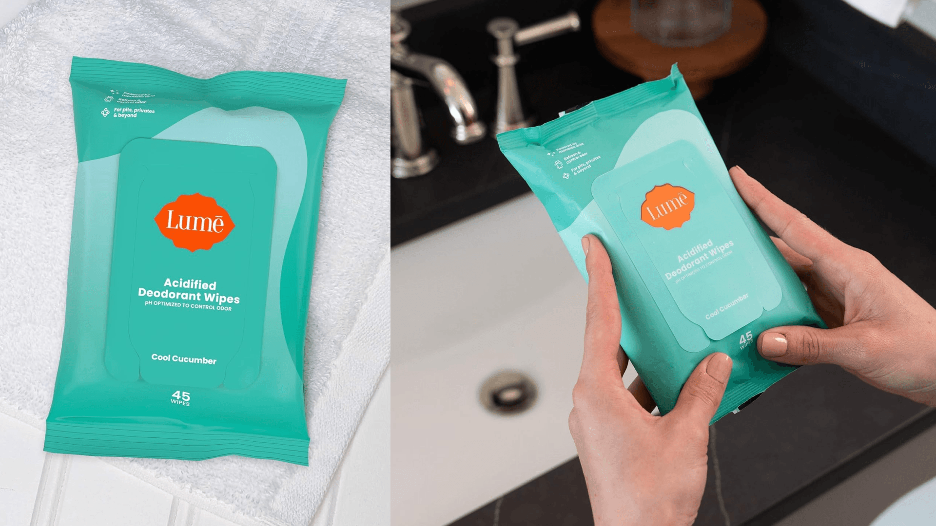 Lume Acidified Deodorant Wipes - 24 Hour Odor Control - Aluminum Free, Baking Soda Free, Skin Loving - 45 Count (Pack of 3) (Cool Cucumber)