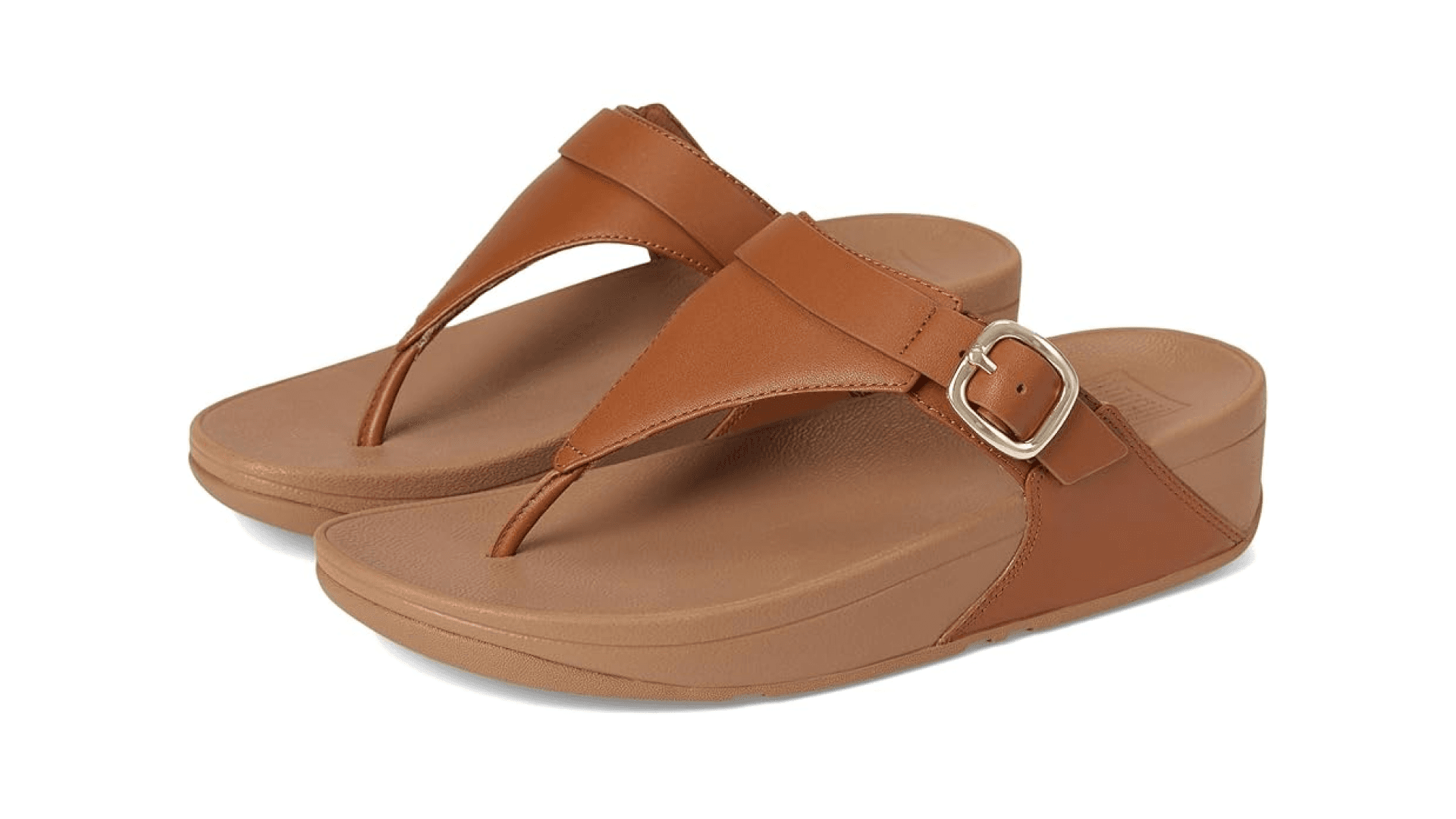 Tan leather wedge sandals with gold buckle