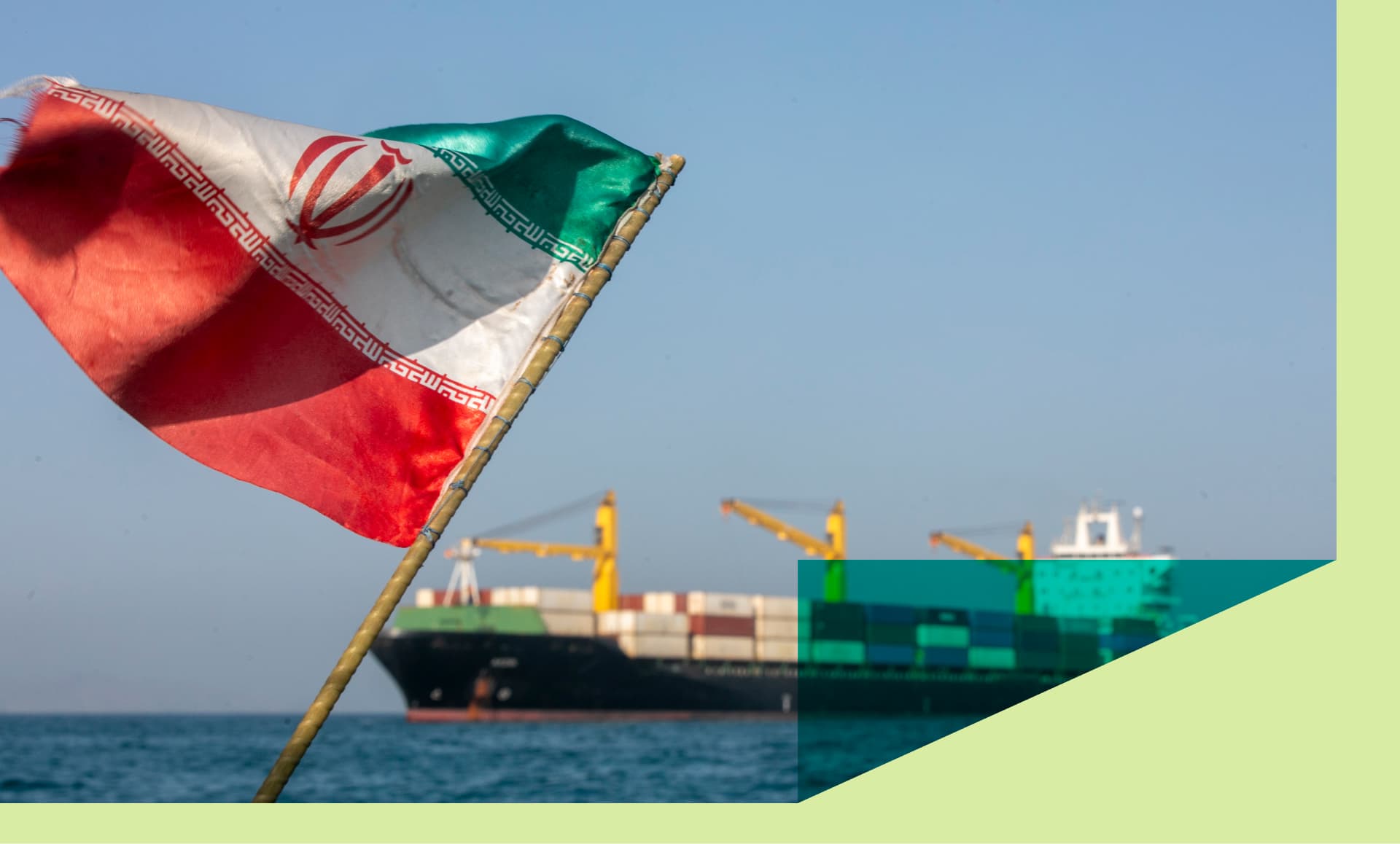  An Iranian flag flutters in the wind as ships remain anchored on May 16, 2026 in the Strait of Hormuz near Larak Island, Iran.