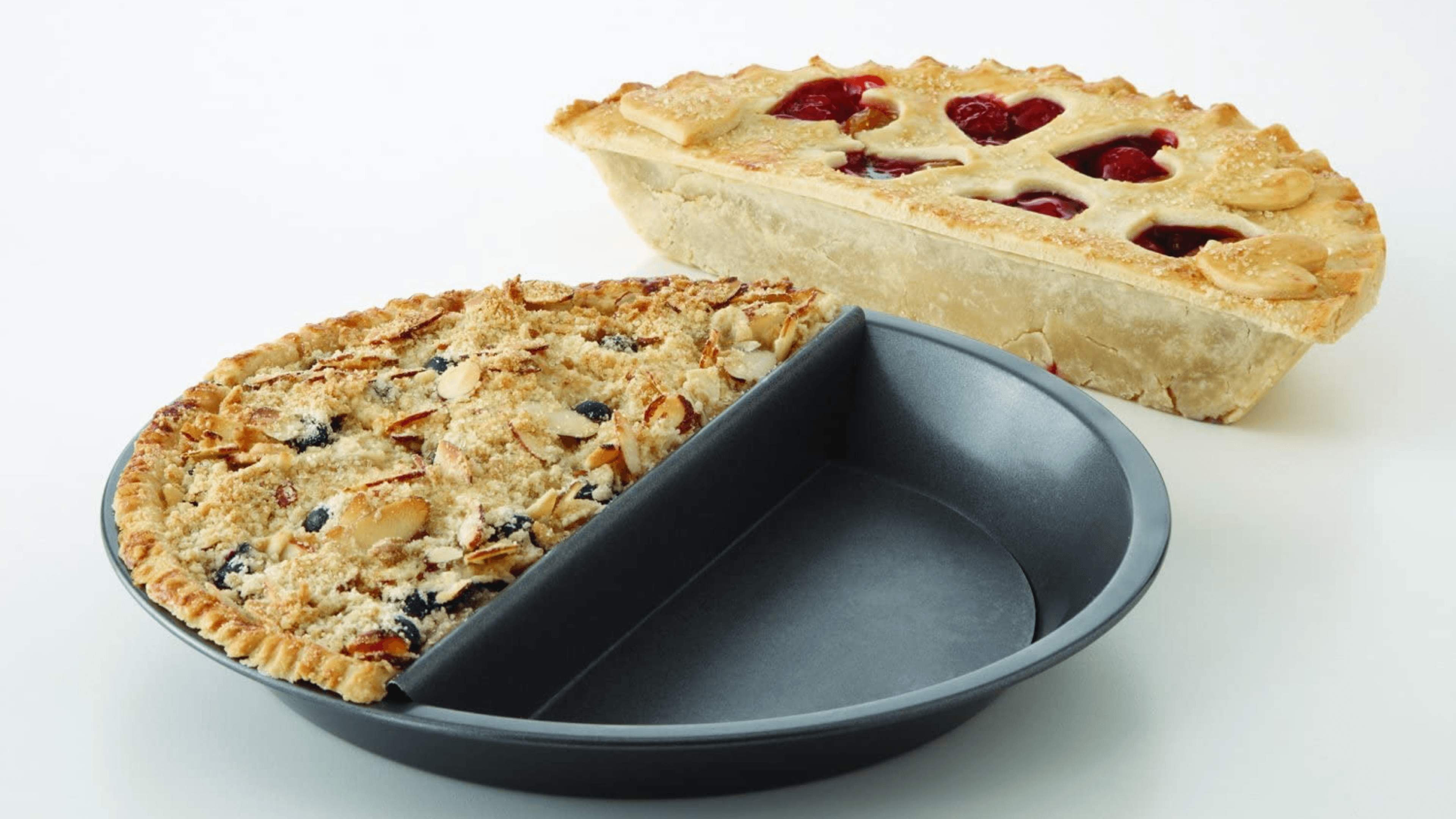 split pie pan for baking two different pies at once