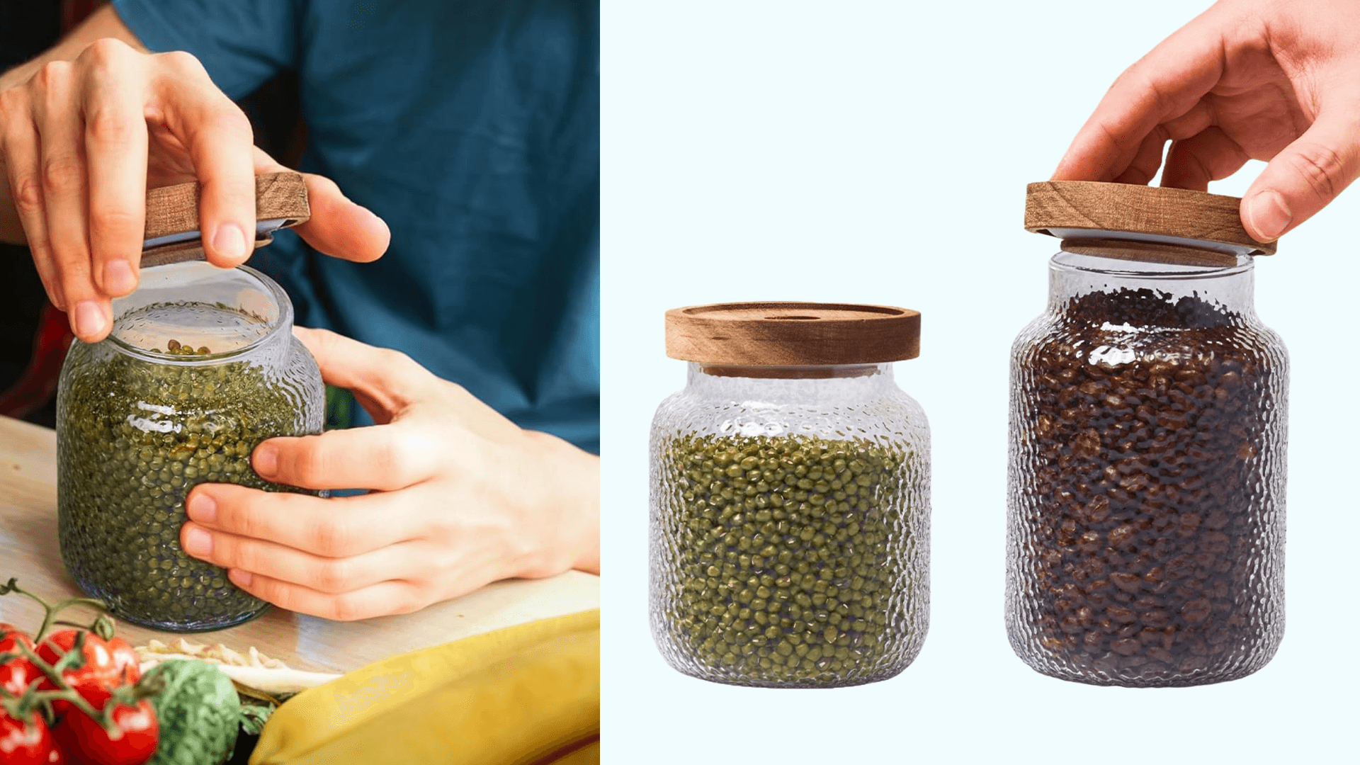 Whole Housewares Glass Jars with Lids - Set of 2 - Mason Jars - Borosilicate Glass Jar with Wooden Lid - Container for Sugar, Coffee, Tea - Decorative Canisters - Candy Jars with Lids (99oz & 77oz)