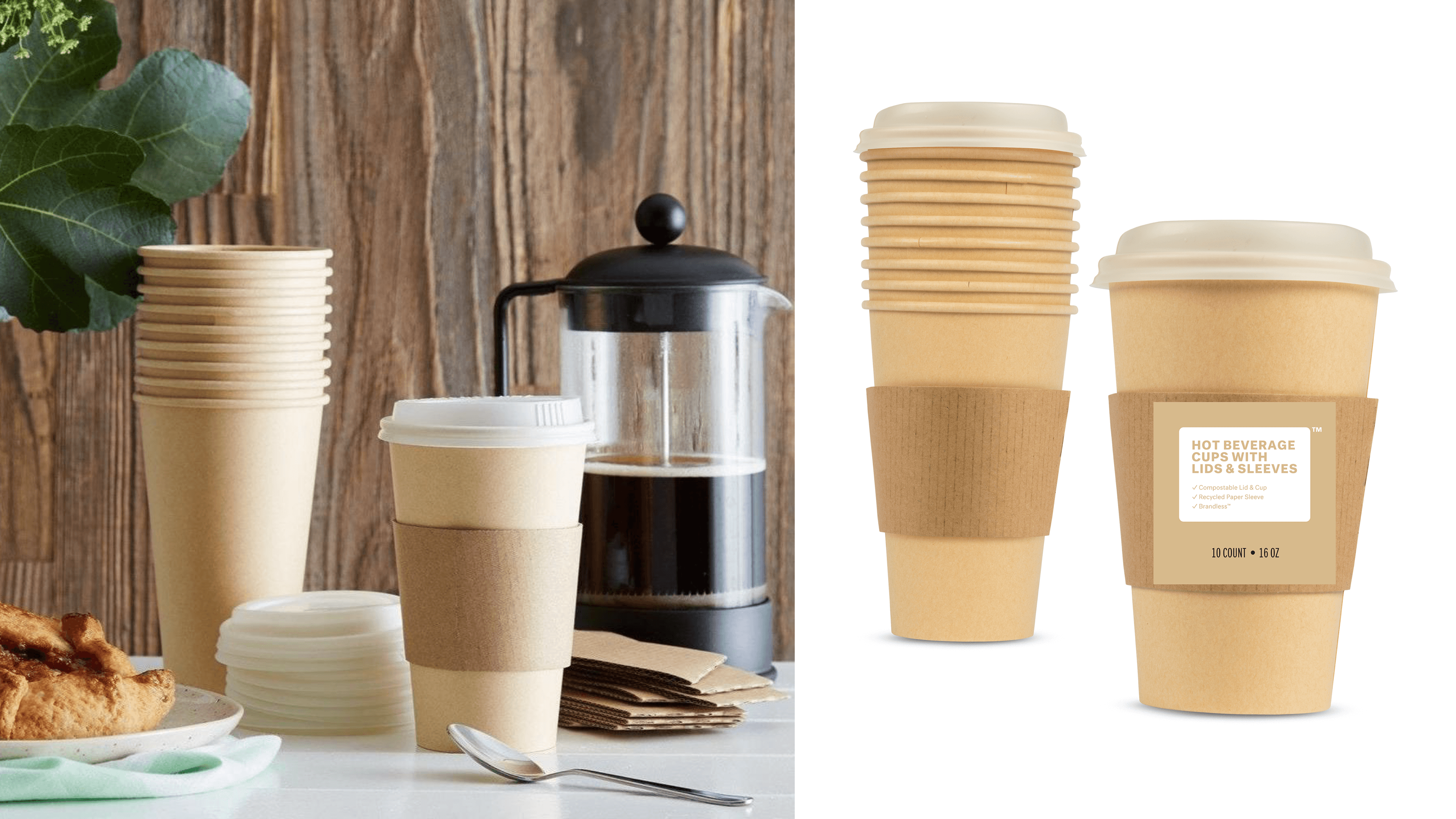 compostable single-use coffee cups with recycled cardboard sleeves