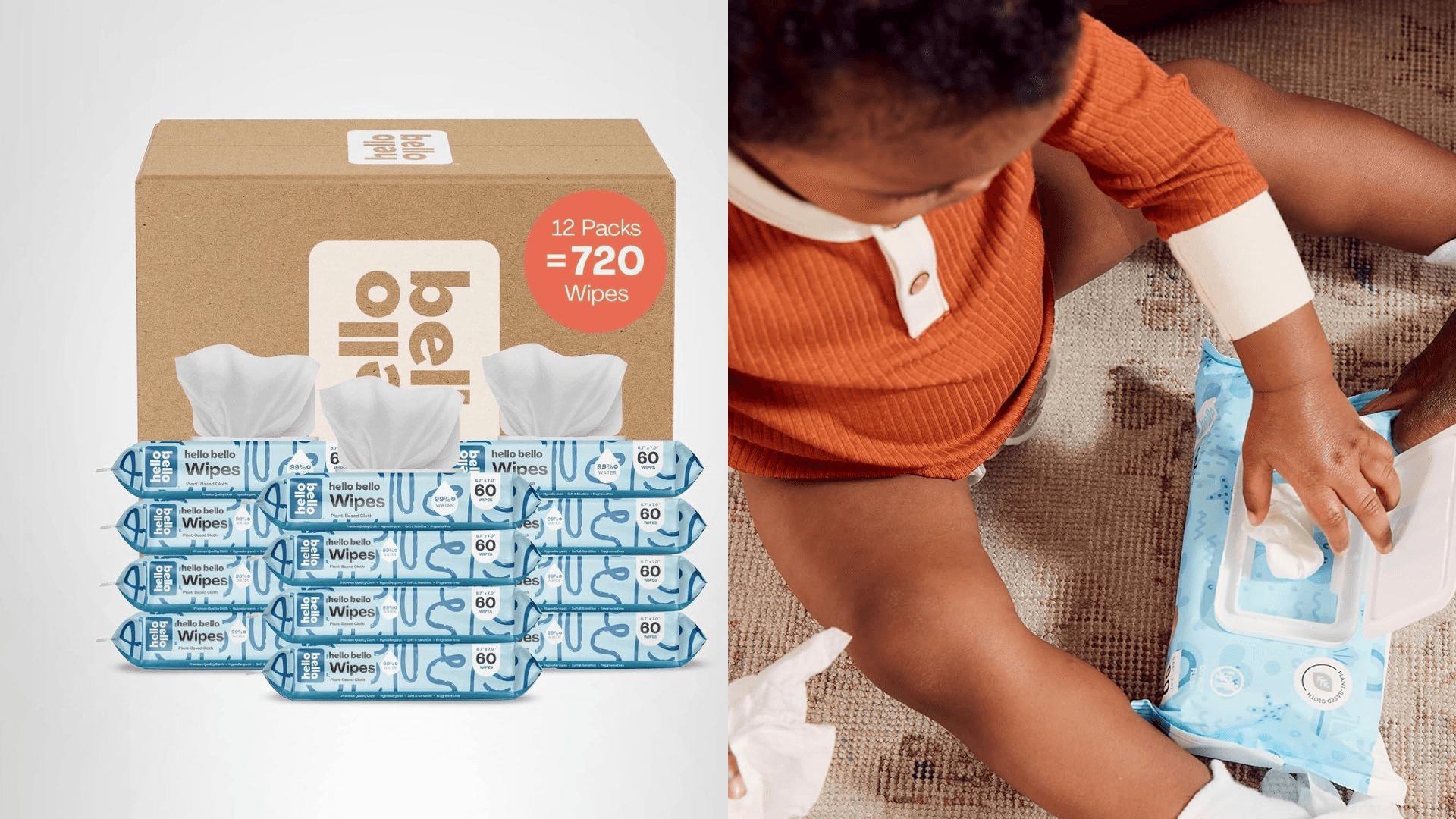 Hello Bello Extra Gentle Unscented Baby Wipes, Plant Based, Made with 99% Water and Aloe for Babies and Kids, 720 Count