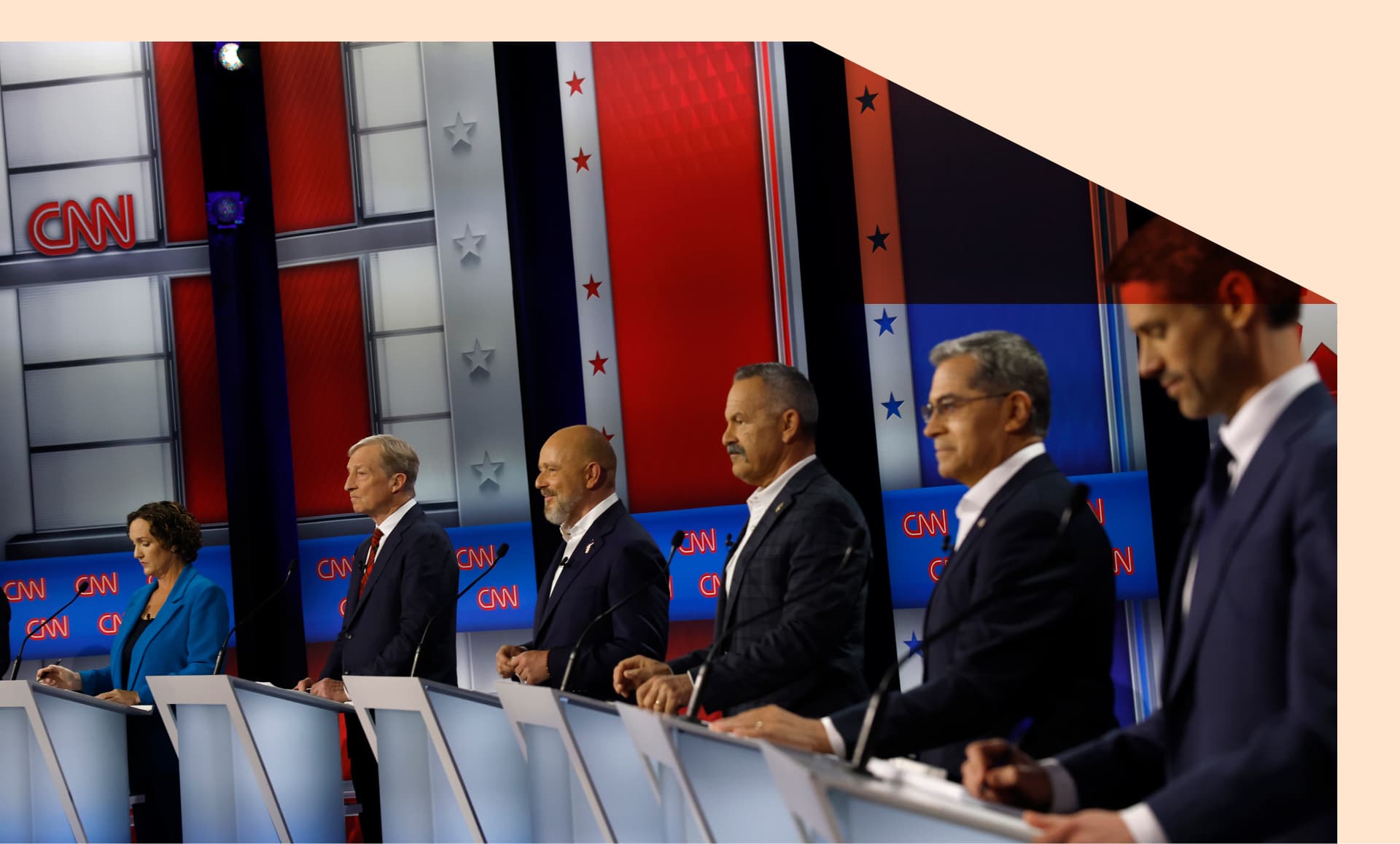 California gubernatorial candidates Katie Porter, Tom Steyer, Steve Hilton, Chad Bianco, Xavier Becerra, Matt Mahan look on during a CNN California Governor Primary Debate.