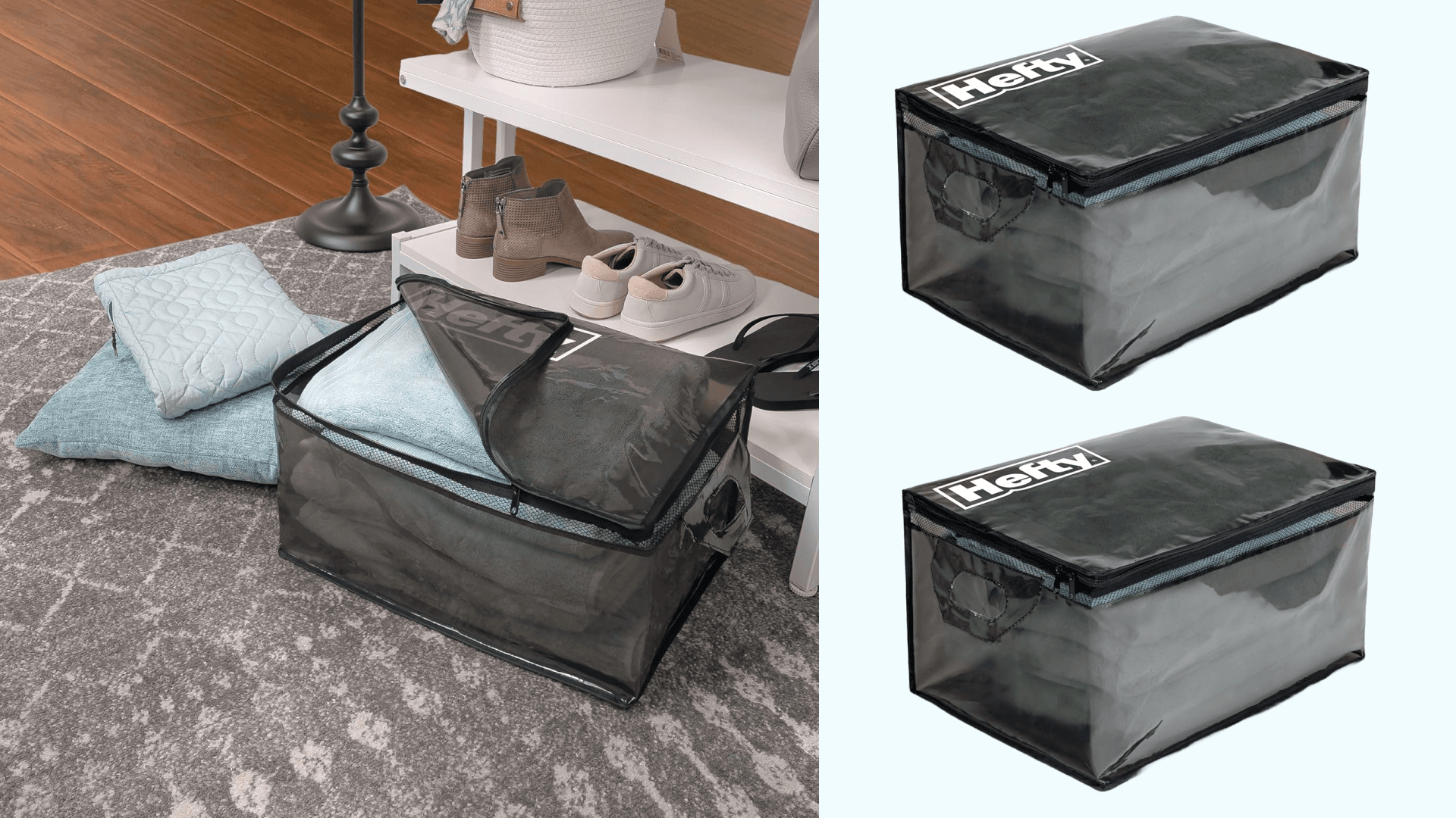 Hefty Large Flexible Tote with Breathable Mesh, Double Zipper, 2 Handles – Ideal for Moving or Clothes & Apparel Storage, Alternative to Plastic Bin, Organizer or Container – 2 Pack