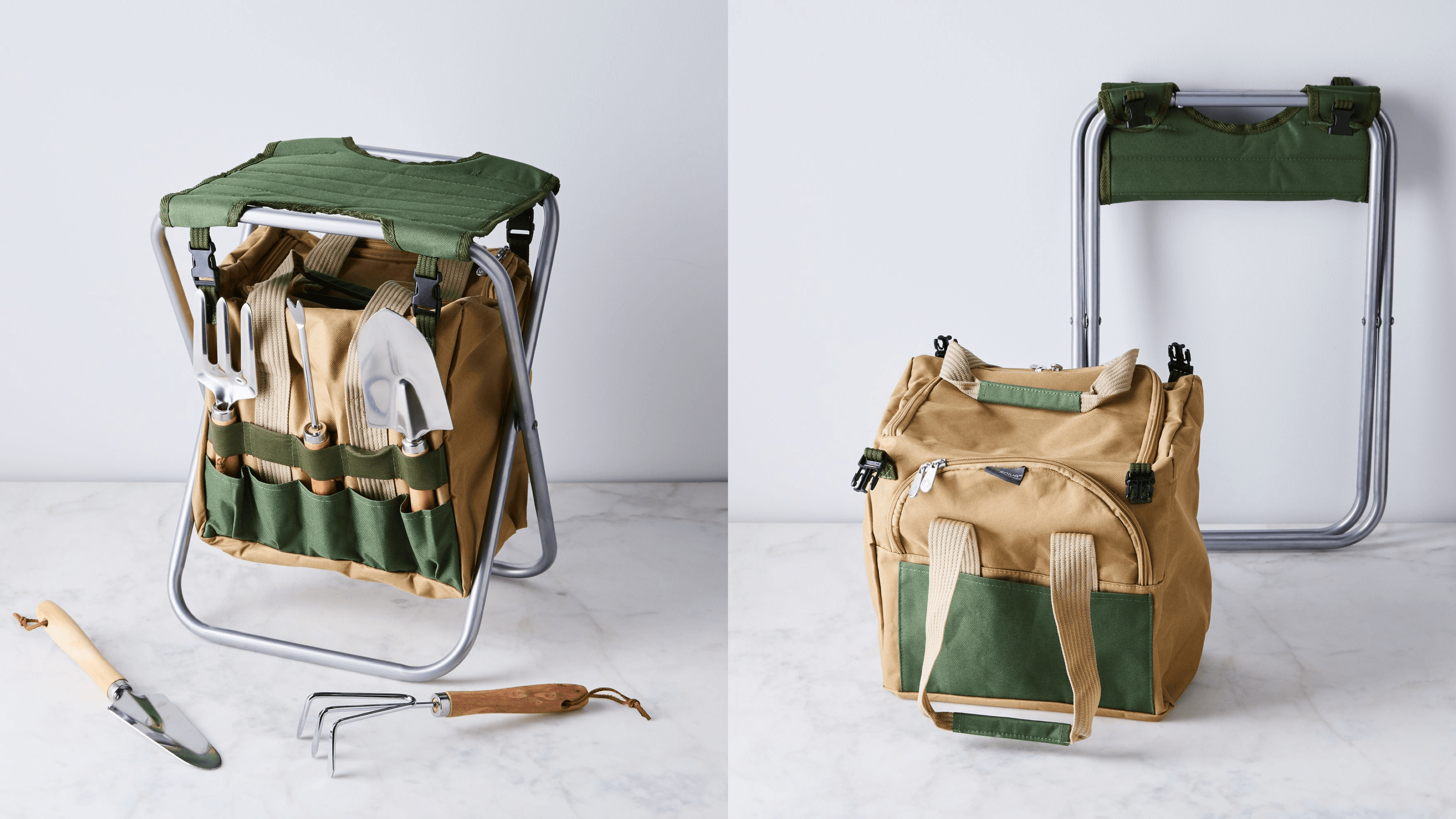 gardening kit with give tools and a stool