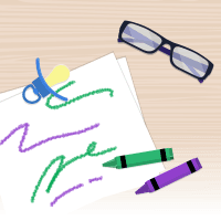 Paper, crayons, a pacifier and reading glasses