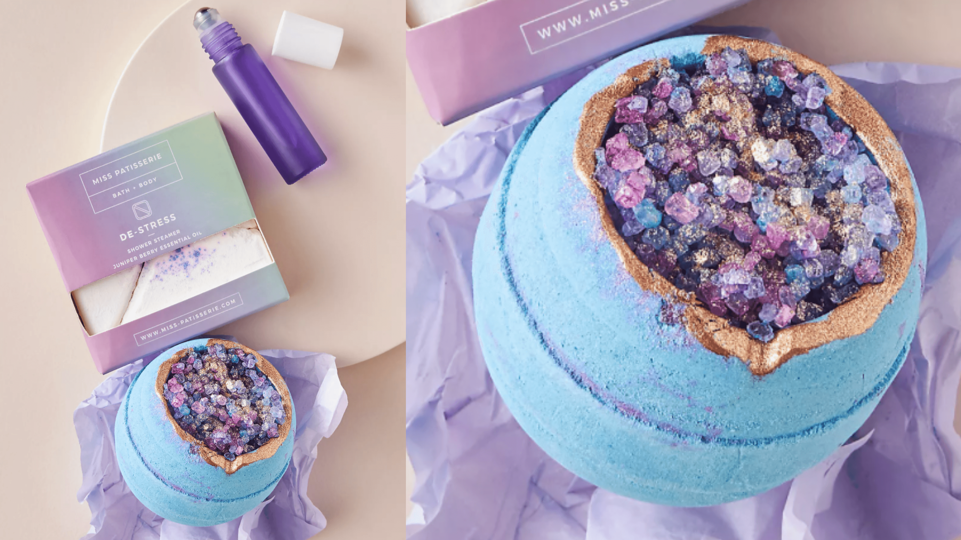 goodie bag of a bath bomb, scented shower steamer, and chamomile-scented roll-on oil stick