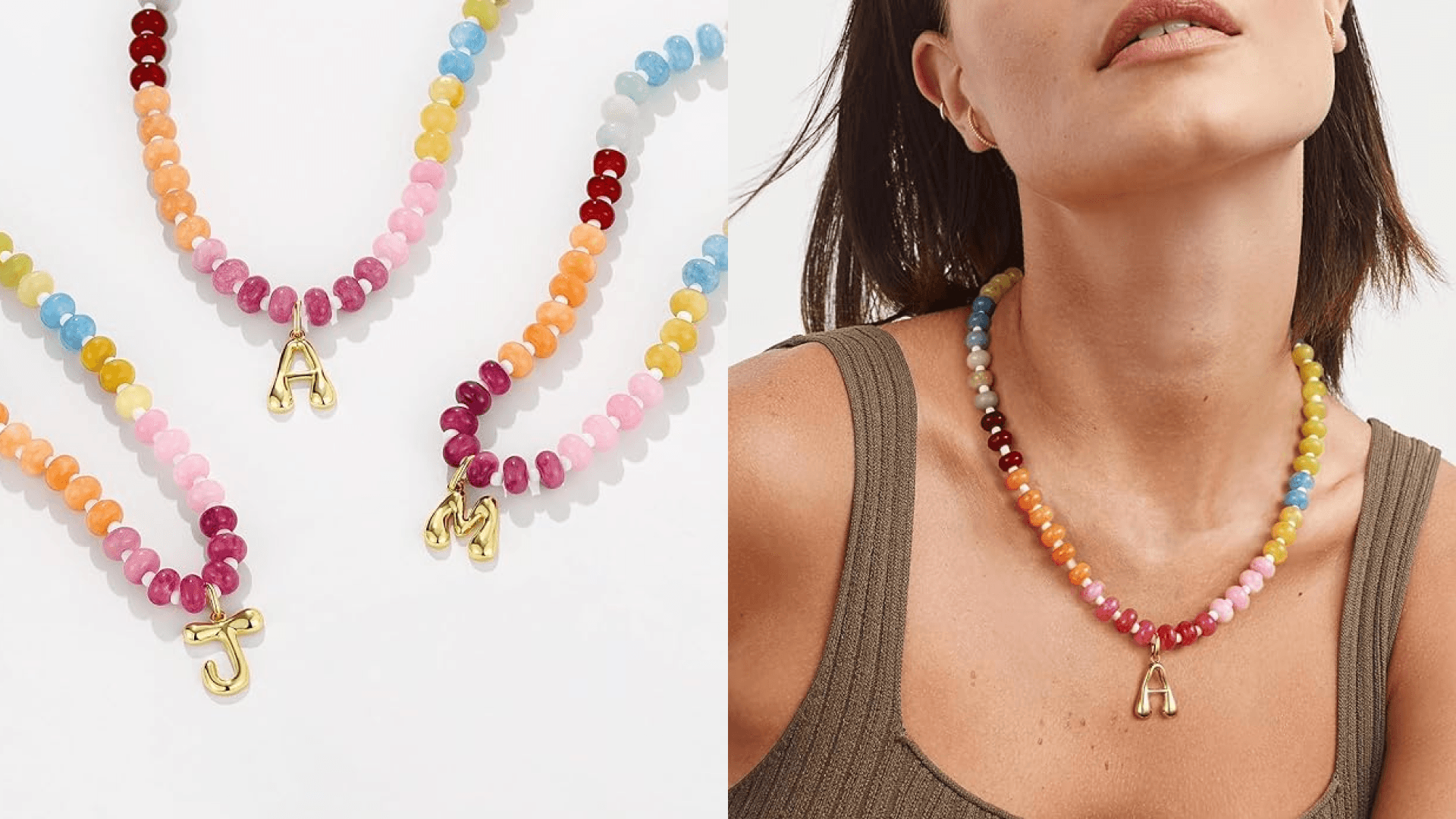 KissYan Initial Necklaces for Women, Colorful Beaded Gemstone Choker 14K Gold Bubble Letter Pendant Necklace Natural Stone Summer Beach Handmade Jewelry Gift(A)