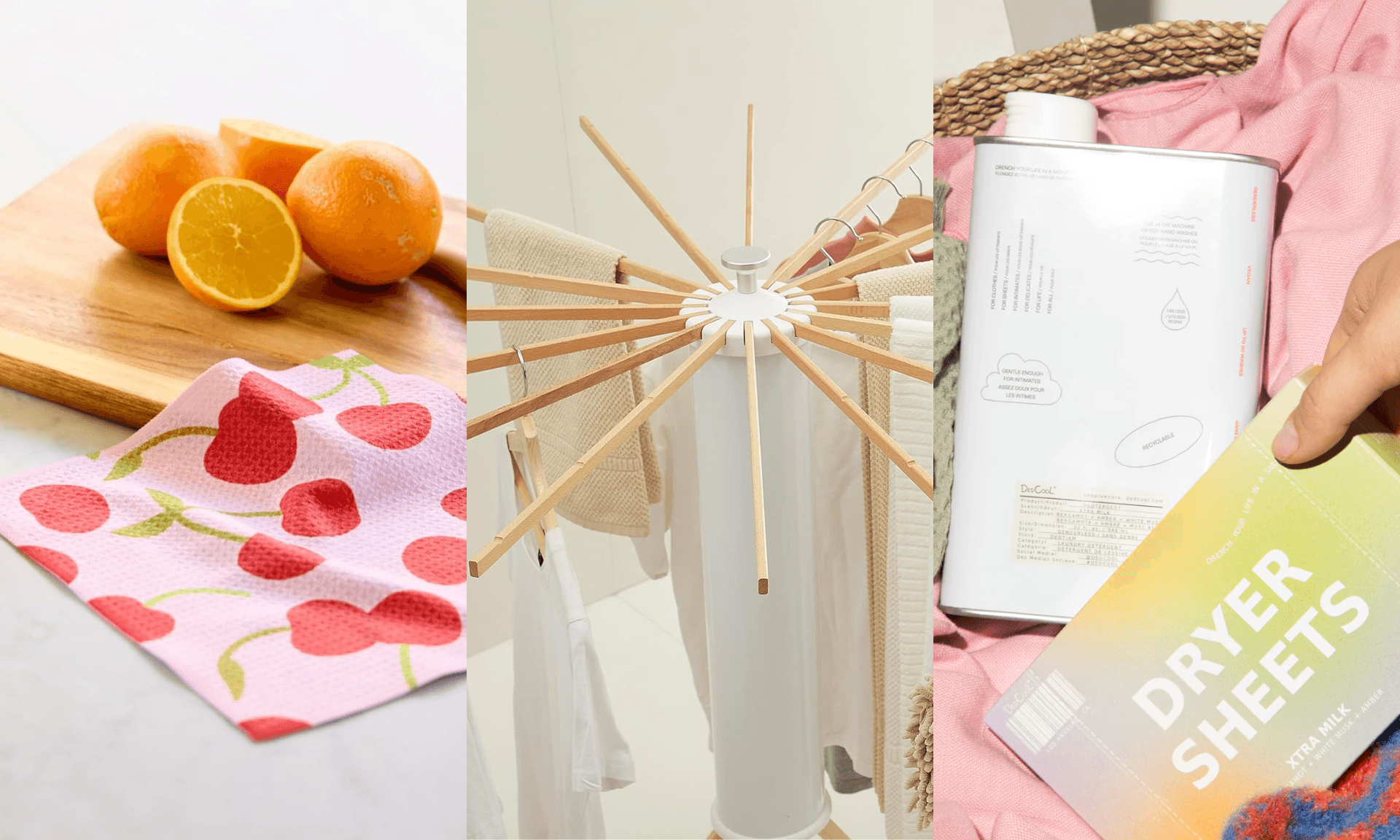 dish towels, drying rack, dryer sheets