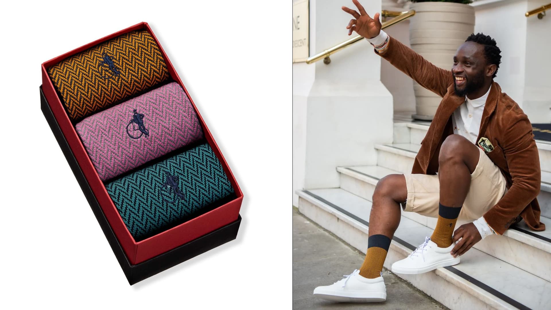 A three-pair set of herringbone patterned socks from London Sock Company. 