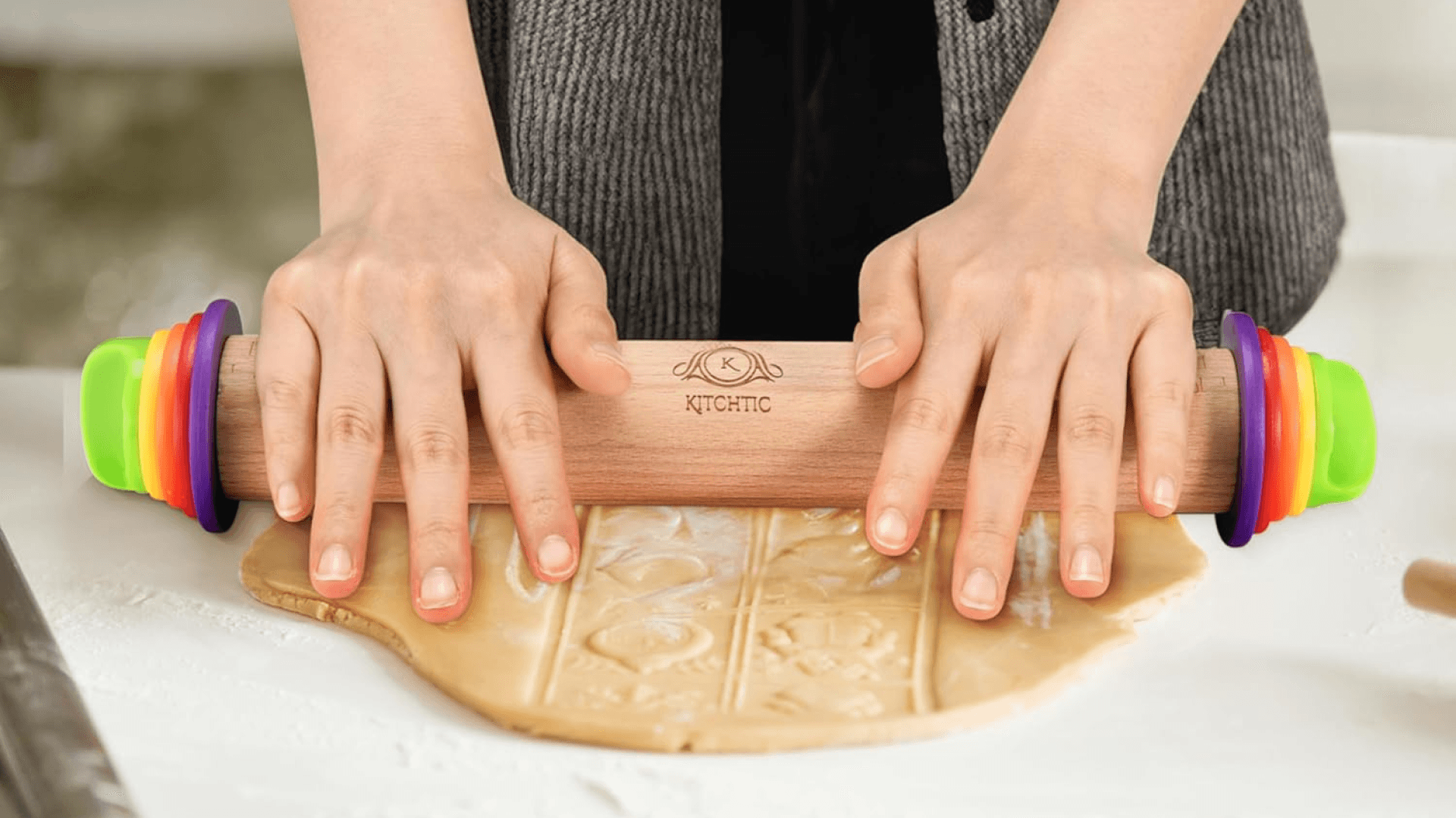 Kitchtic Rolling Pin with Thickness Rings - Adjustable Wooden Rolling Pin - Baking Essential and Roller Tool - Consistent Thickness - Easy to Clean - Beechwood Material - 13.7 x 2.75 x 2.75 inches