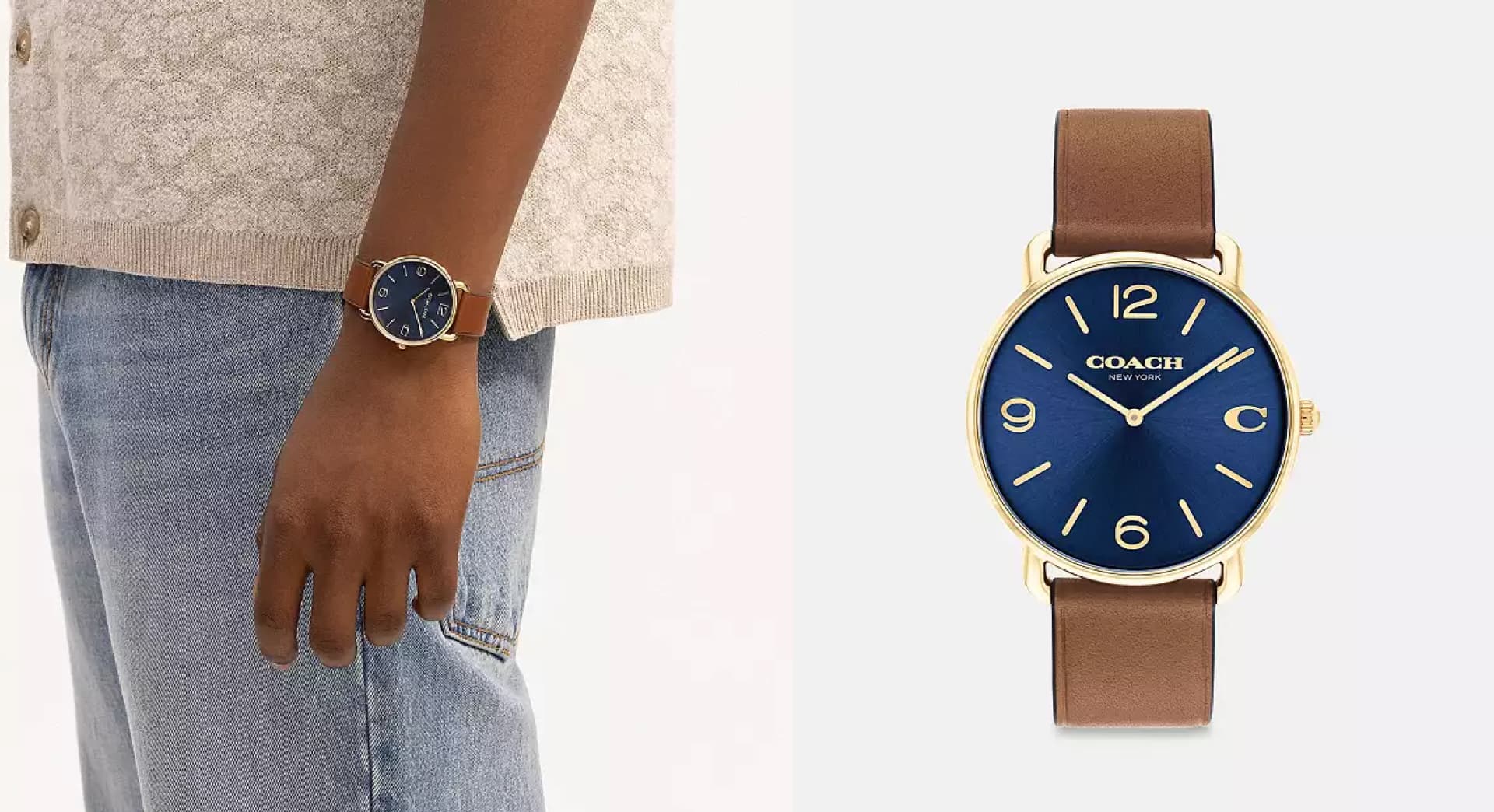 A gold-tone round watch from Coach. 