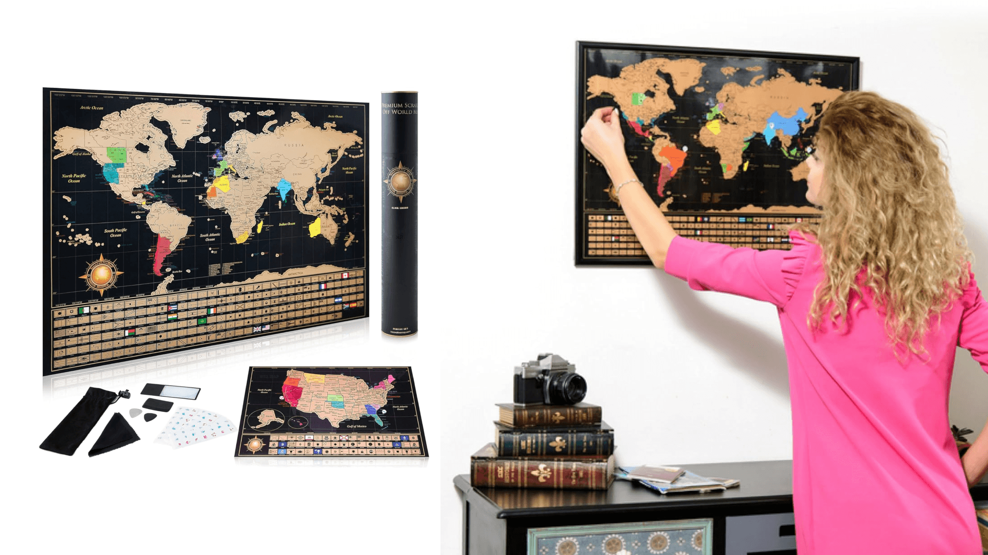 InnovativeMap Scratch Off World Map Poster and Detailed United States Map, Includes Complete Accessories Set and All Country Flags, World Maps for Wall, Fun Gifts for Travelers