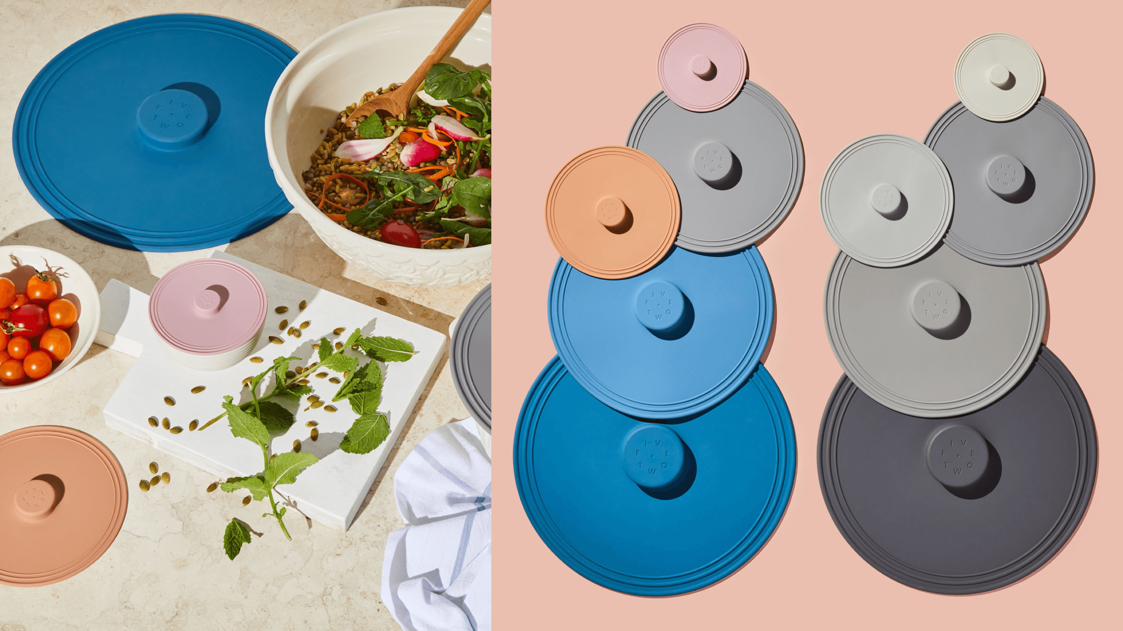 airtight silicone lids that can act as storage lids or splatter covers