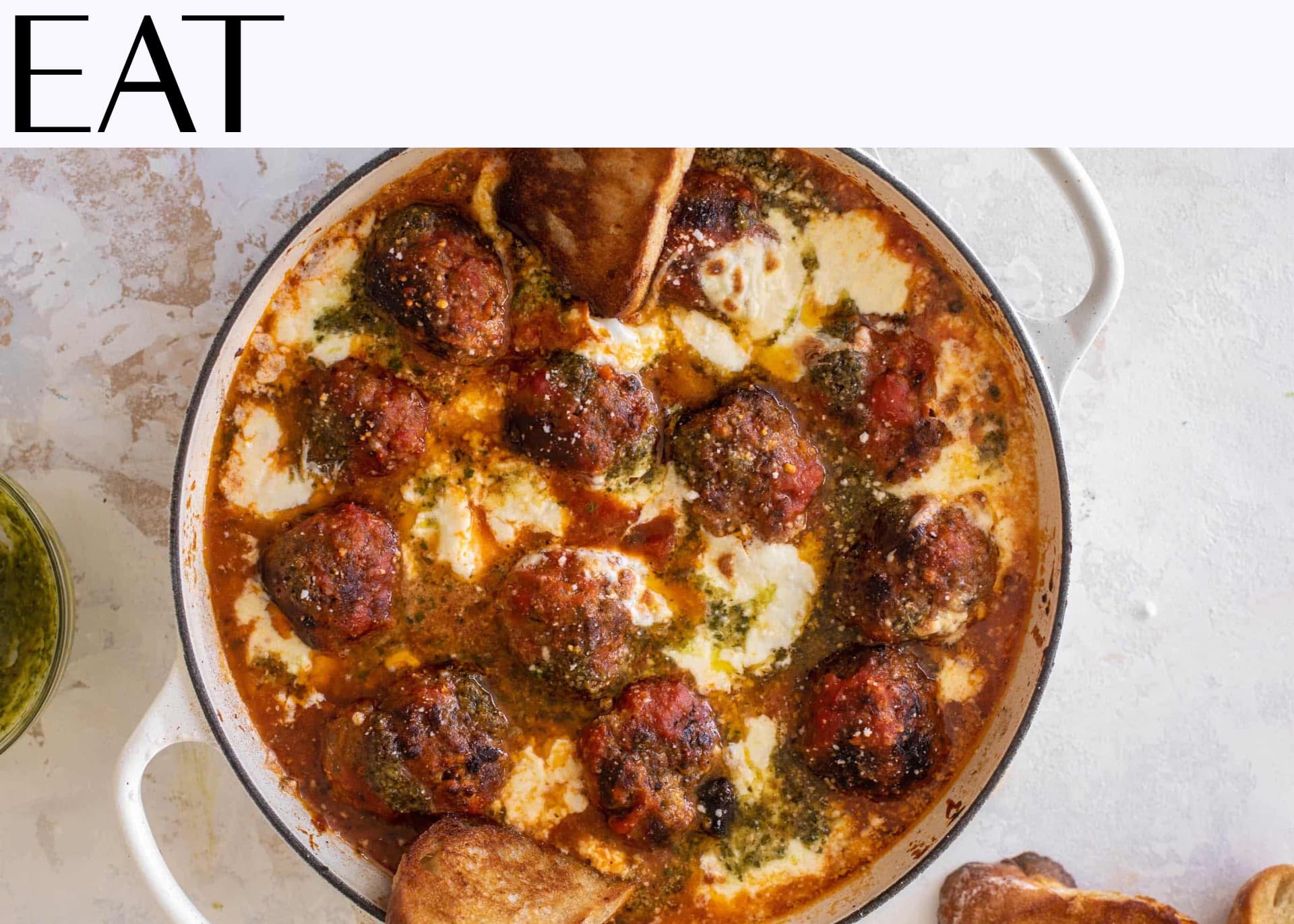 EAT Cheesy Pesto Baked Meatballs 