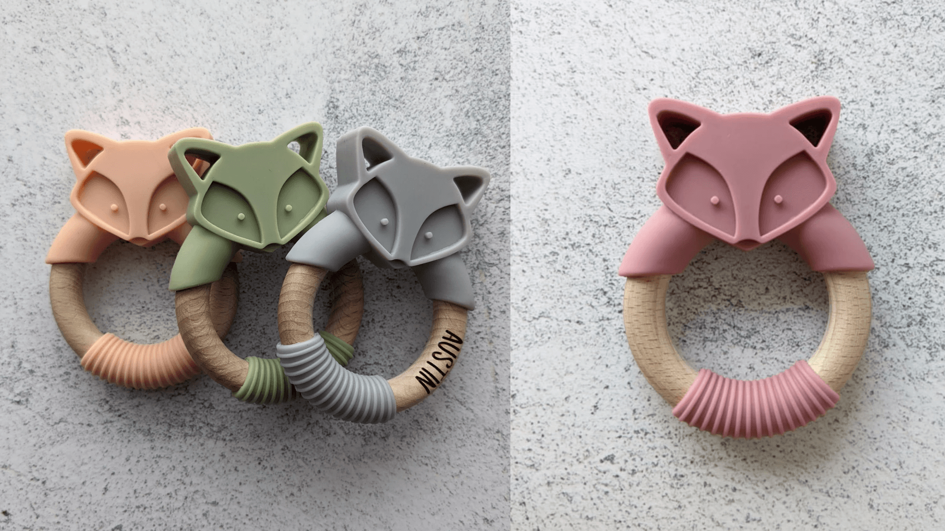 fox shaped wood and silicone teether