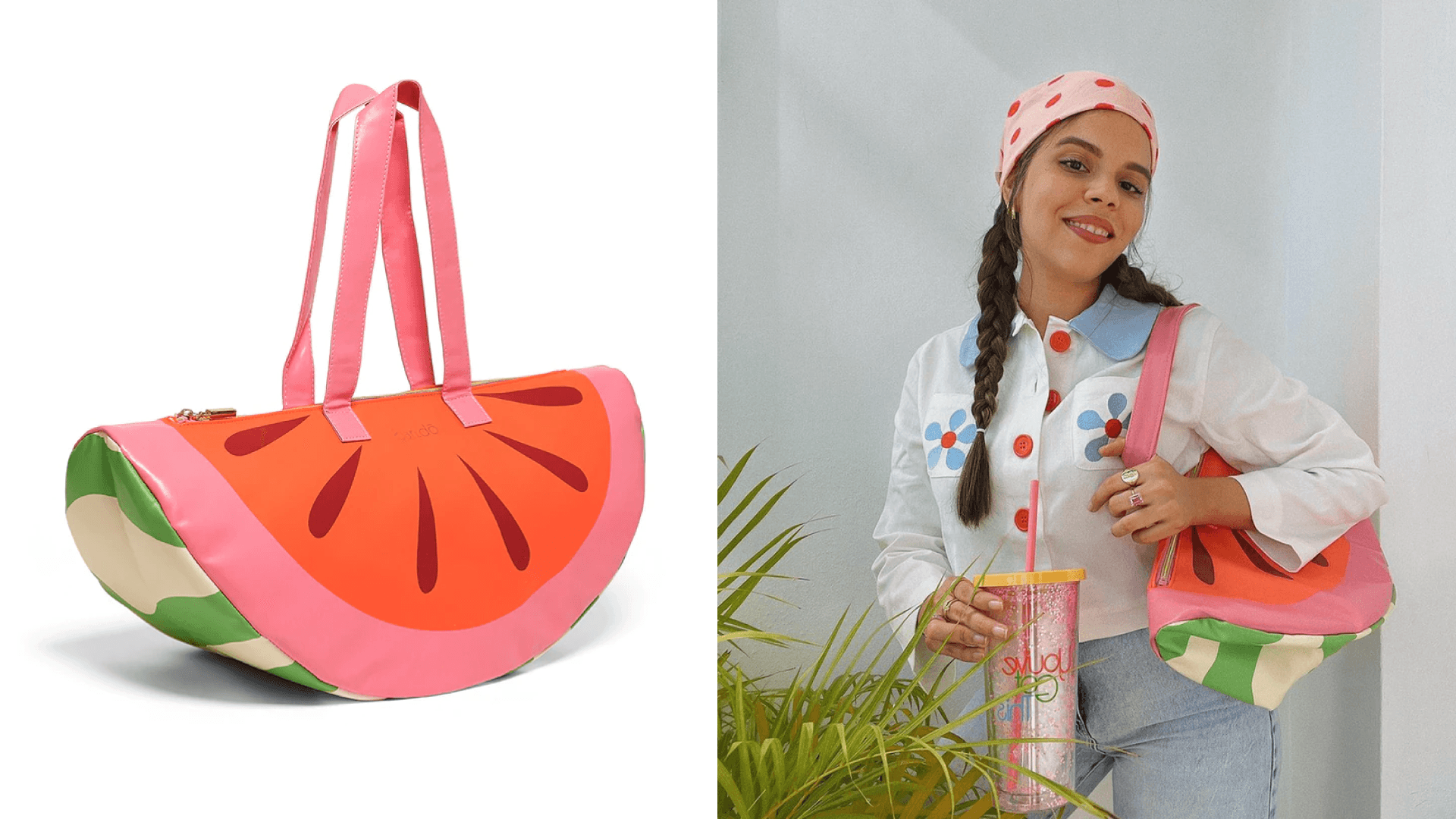 insulated watermelon cooler tote with outside pocket with utensils and napkins