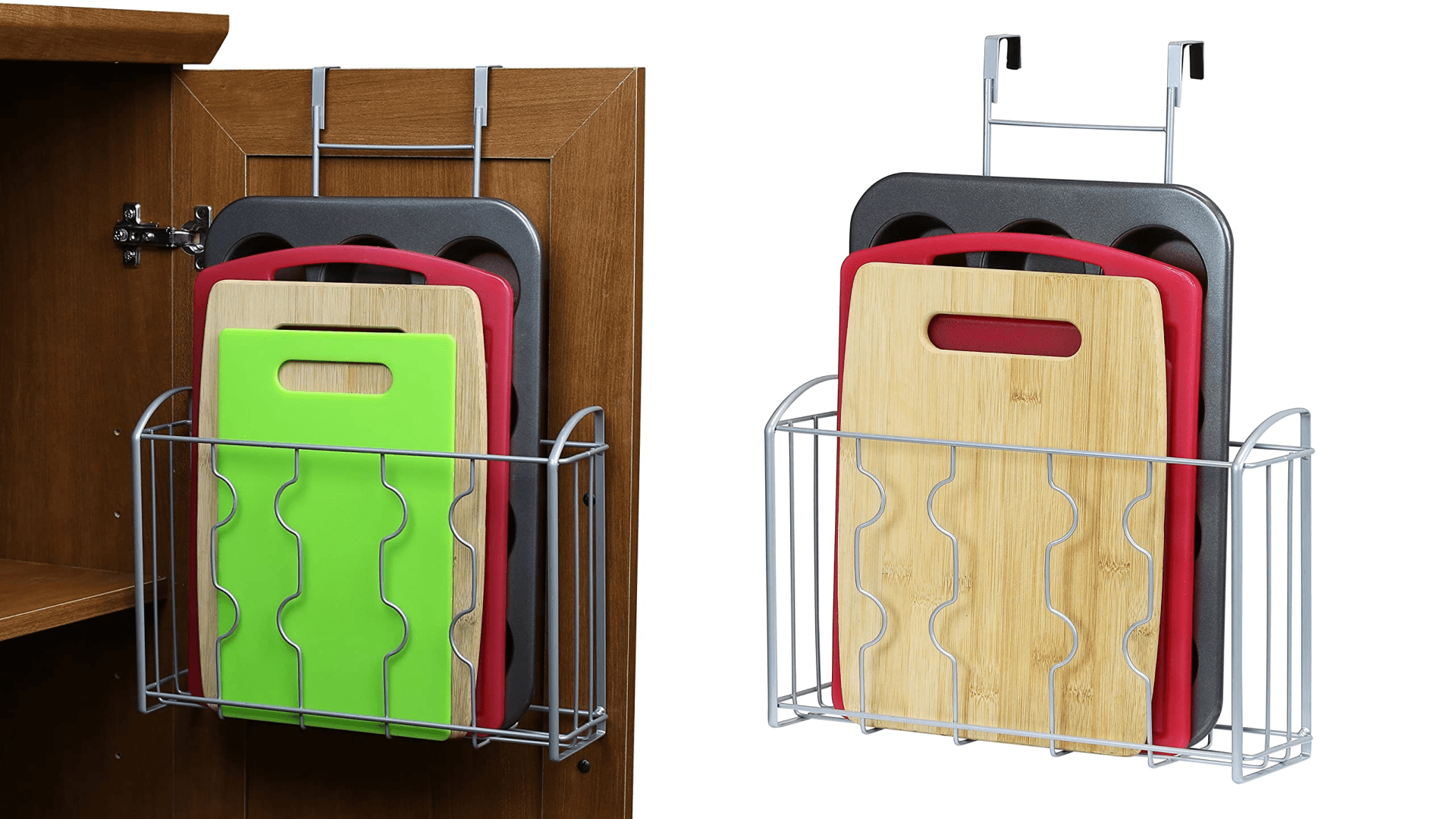 metal bakeware holder that slips over the inside on your cabinet door