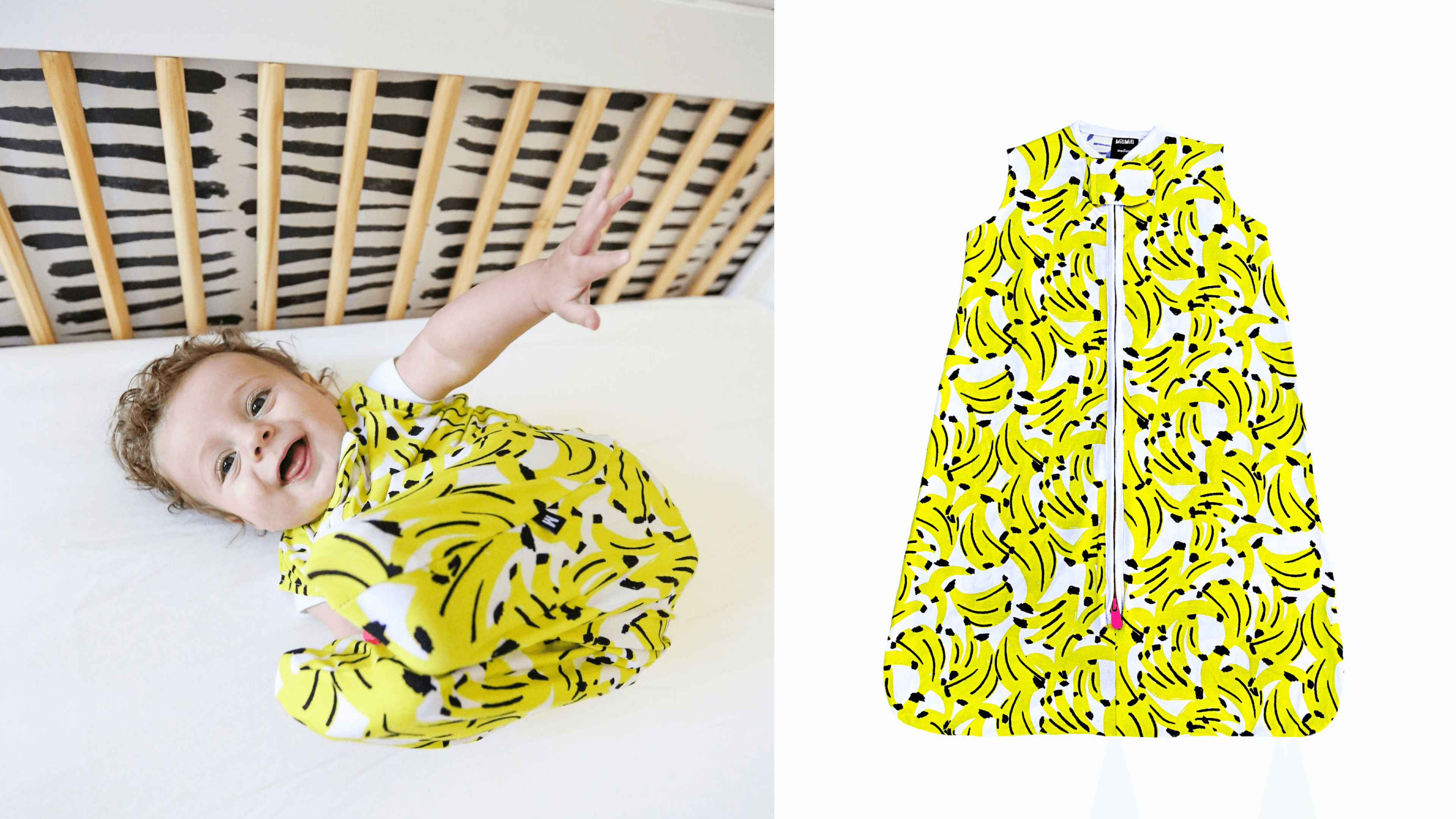 soft fabric sleep sack for babies with an adorable yellow banana pattern