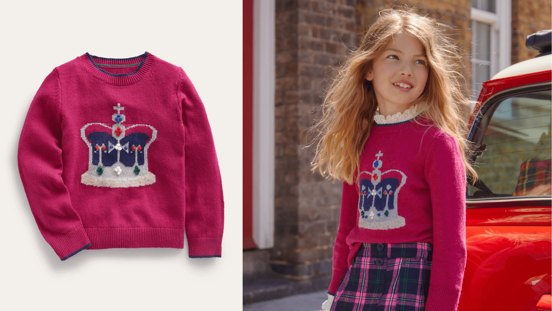 hot pink sweater with a crown on it