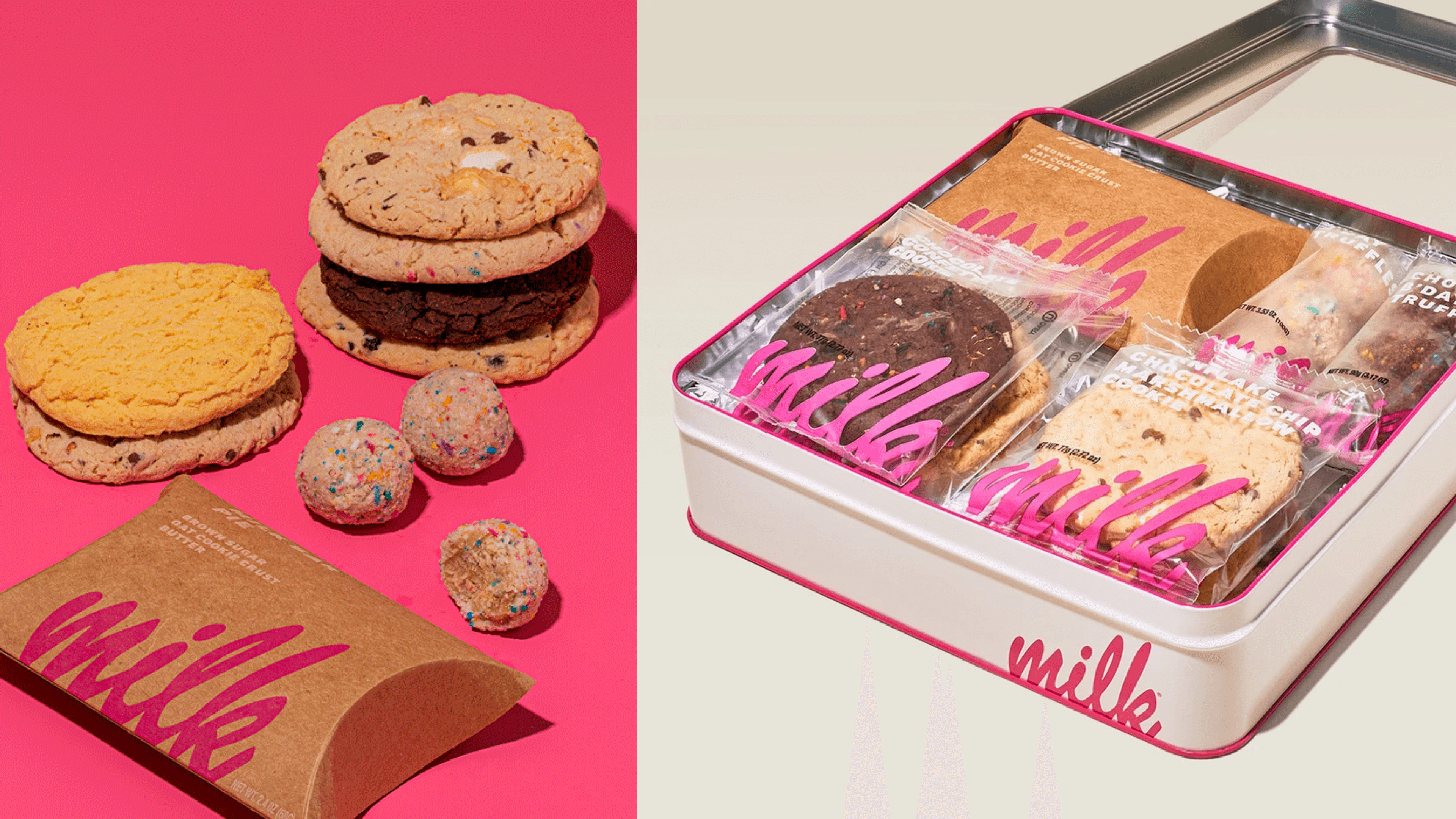 milk bar sweets box with truffles, pie, and cookies