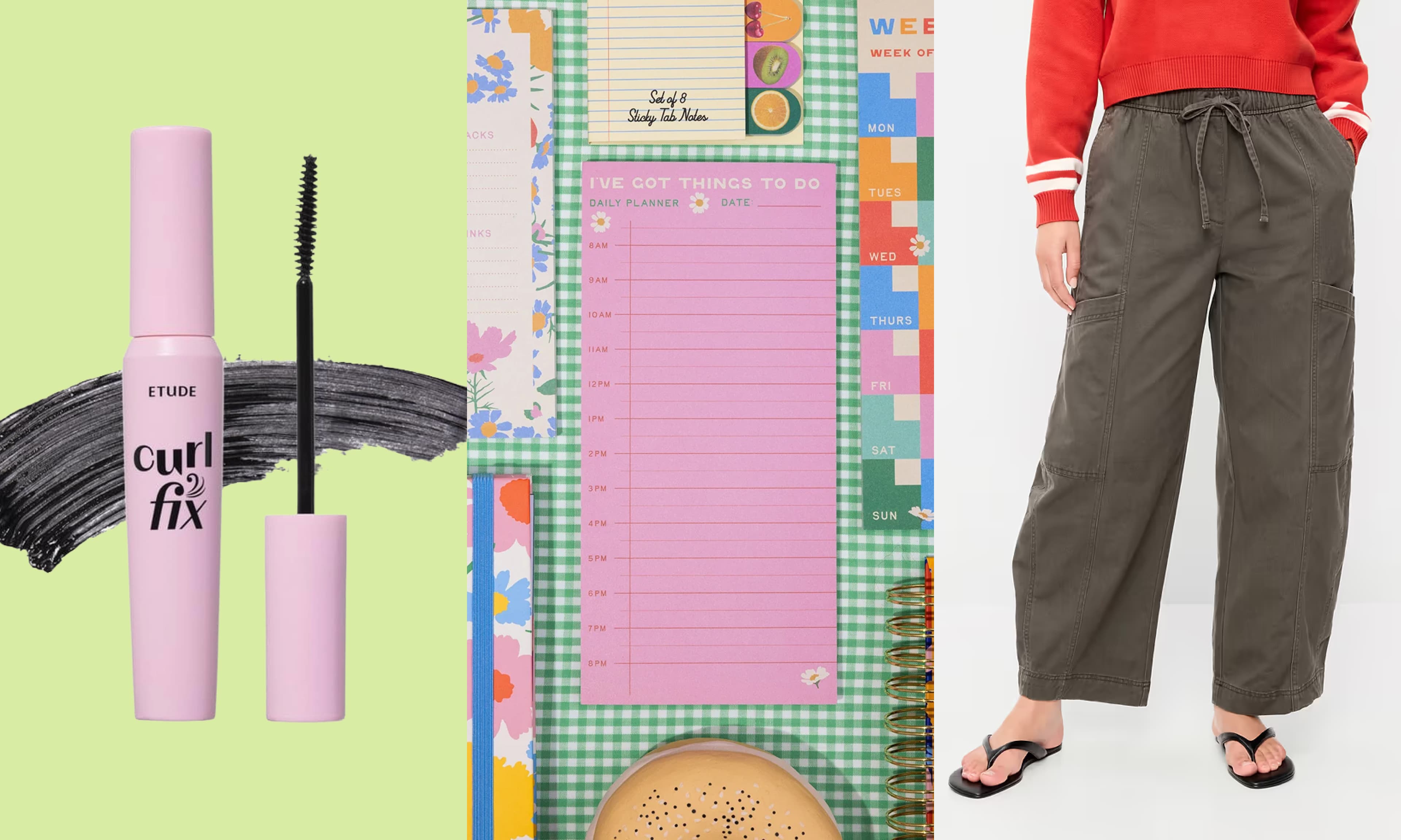 mascara, notepad, utility pants
