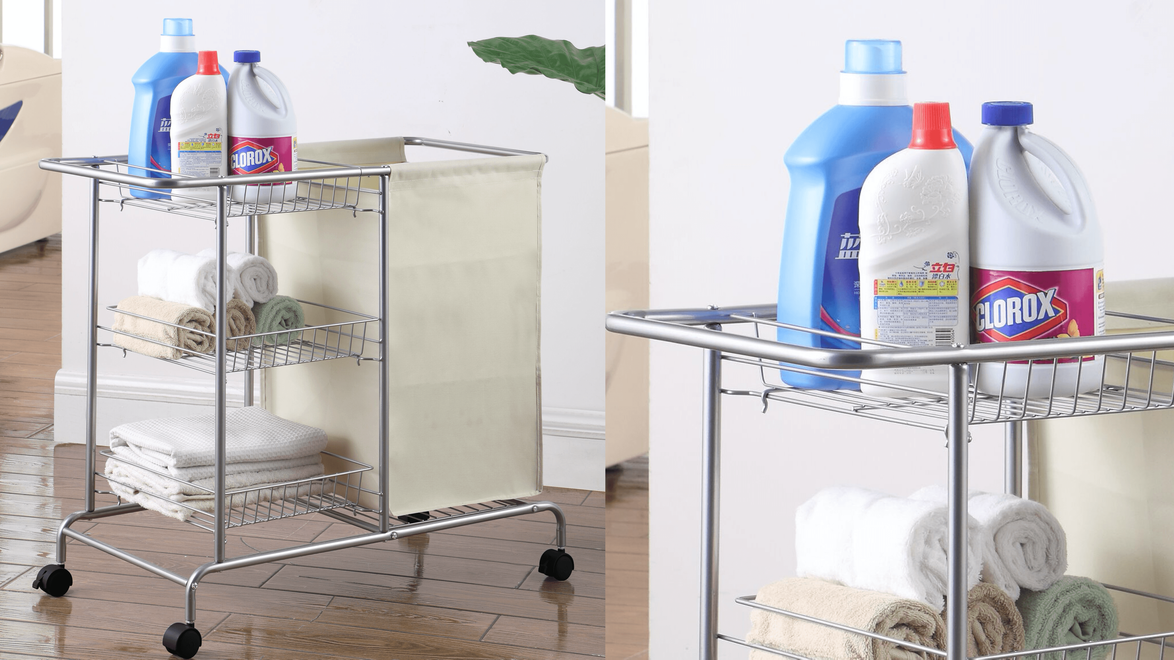 rolling laundry cart with a hamper and shelves
