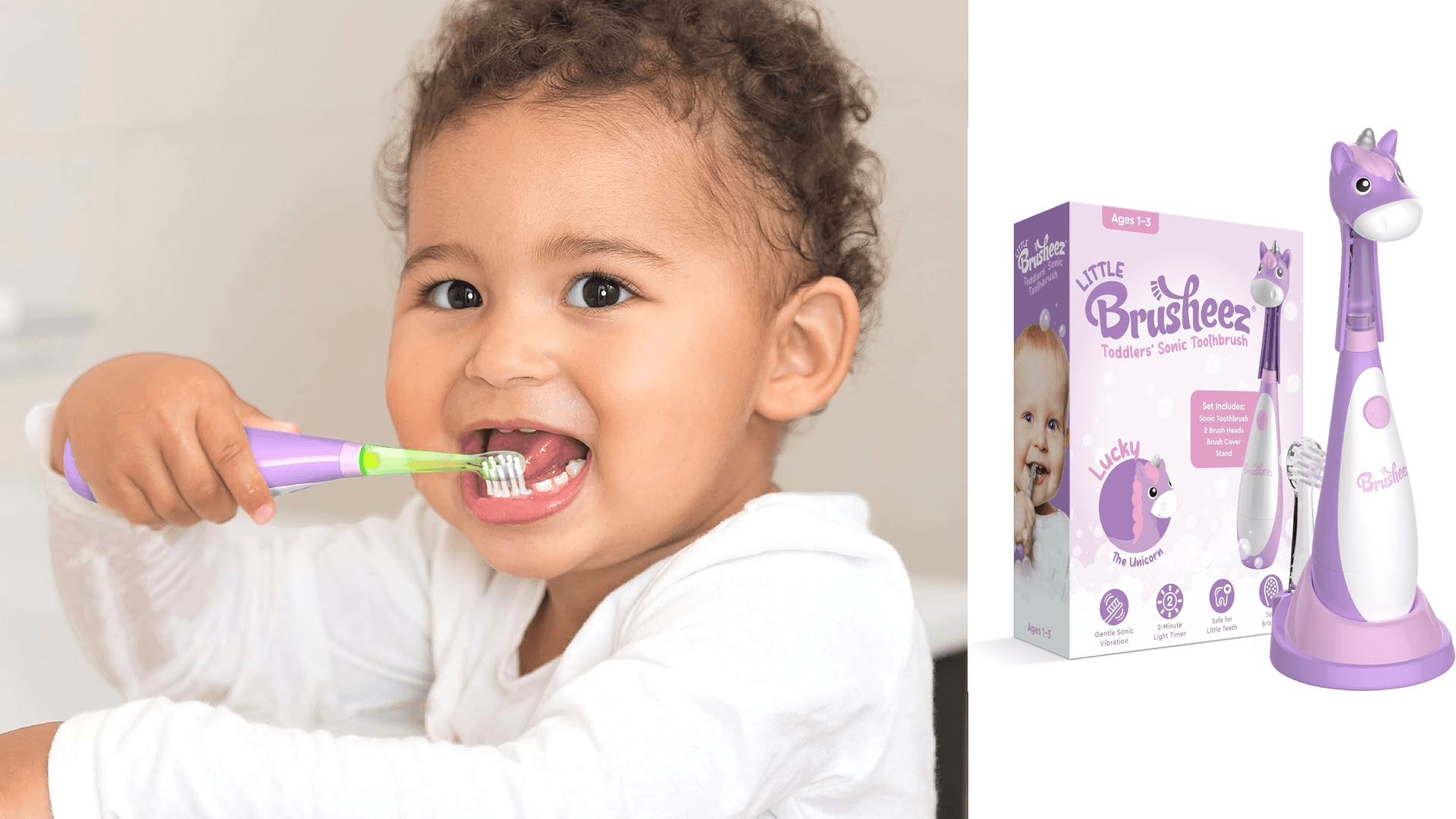 Brusheez Little Toddlers’ Sonic Toothbrush - Safe & Gentle Toothbrush for Ages 1-3 with Built-in, Light-Up 2-Minute Timer, Extra Brush Head, & Storage Base for First-Time Brushers (Lucky The Unicorn)