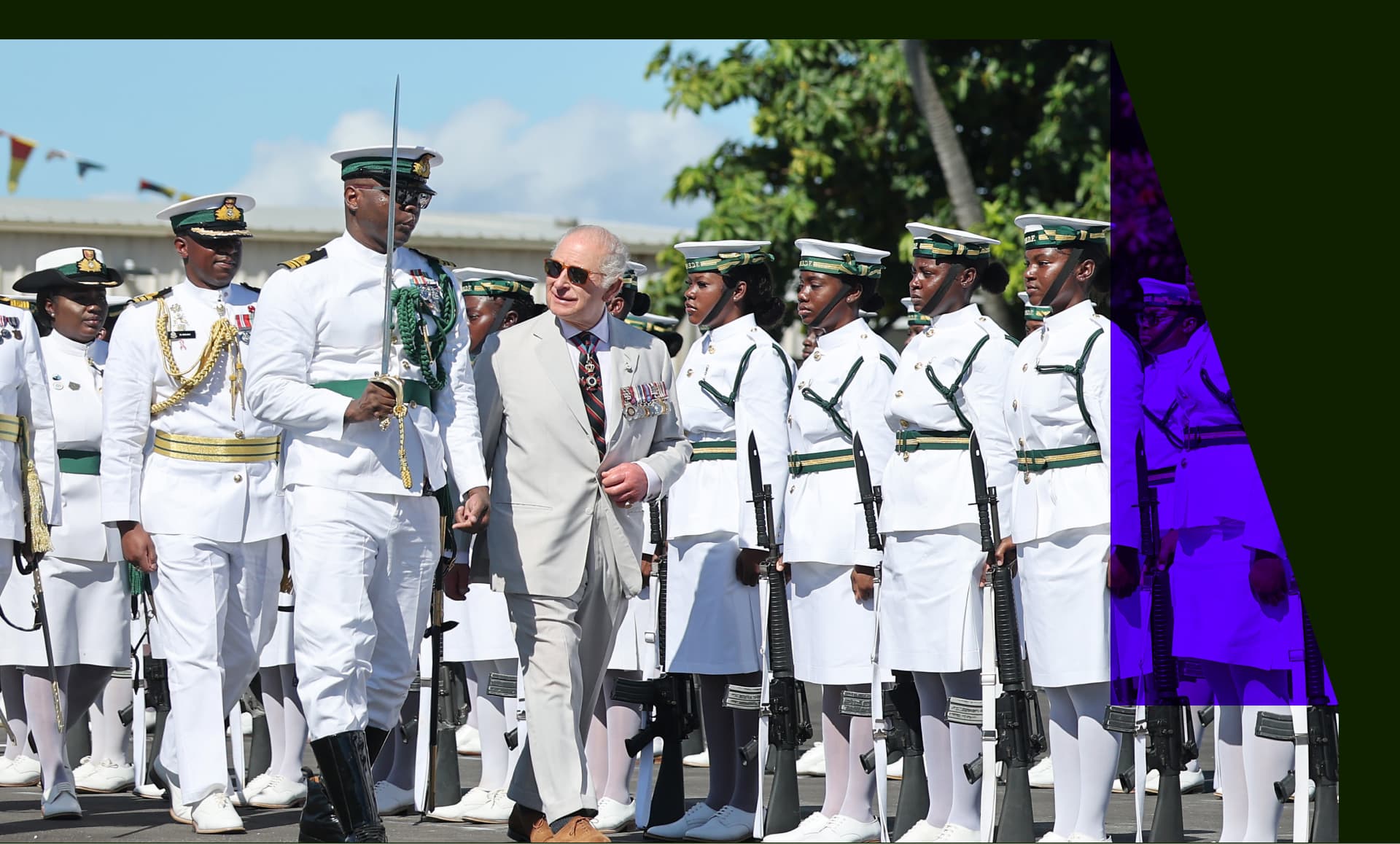 King Charles III inspects the Guard of Honour at the Royal Bahamas Defence Force Coral Harbour Base during his visit to The Bahamas on October 28, 2026 in Nassau, Bahamas