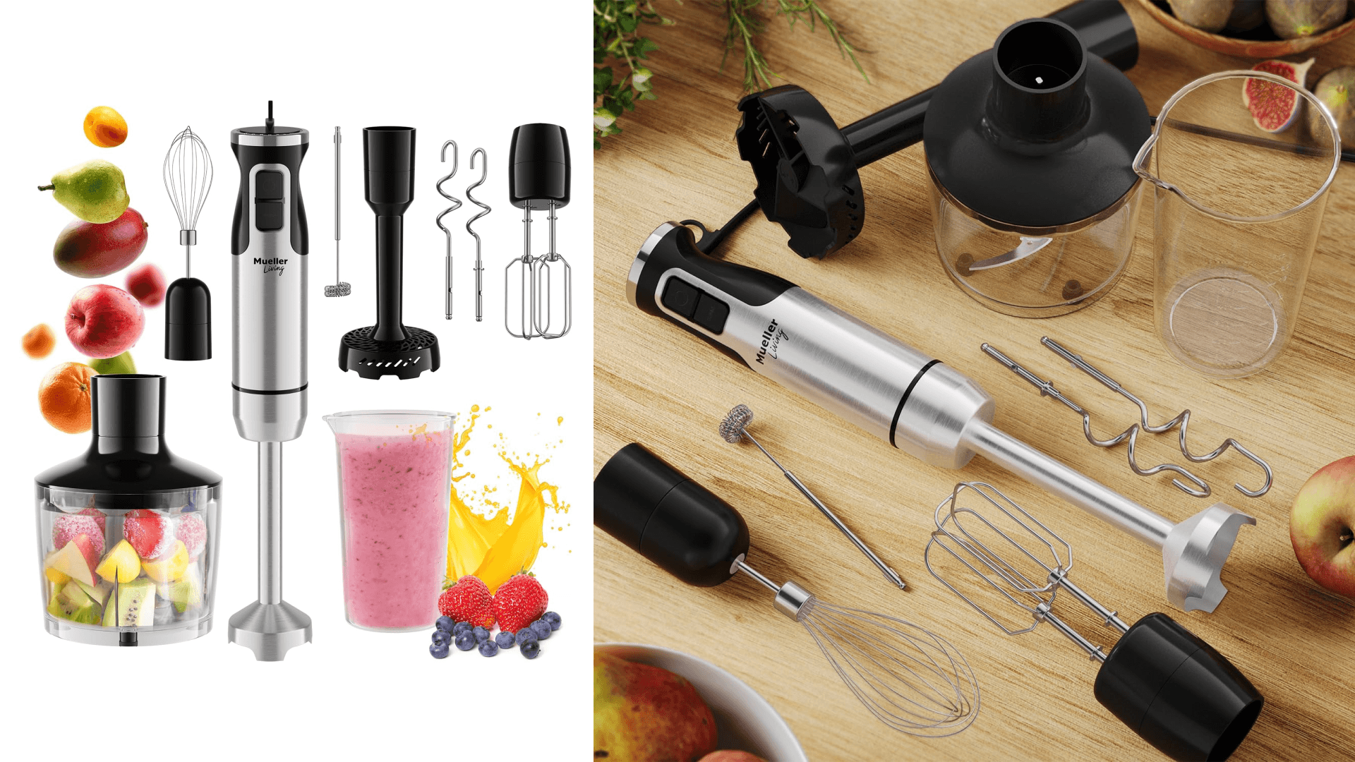 MuellerLiving Immersion Hand Blender Full Set - 8 Speed Immersion Blender, Hand Mixer with 7 Attachments: Stainless Steel Blade, Whisk, Milk Frother, Beater, Mixing Hooks, Potato Masher, Chopper Bowl