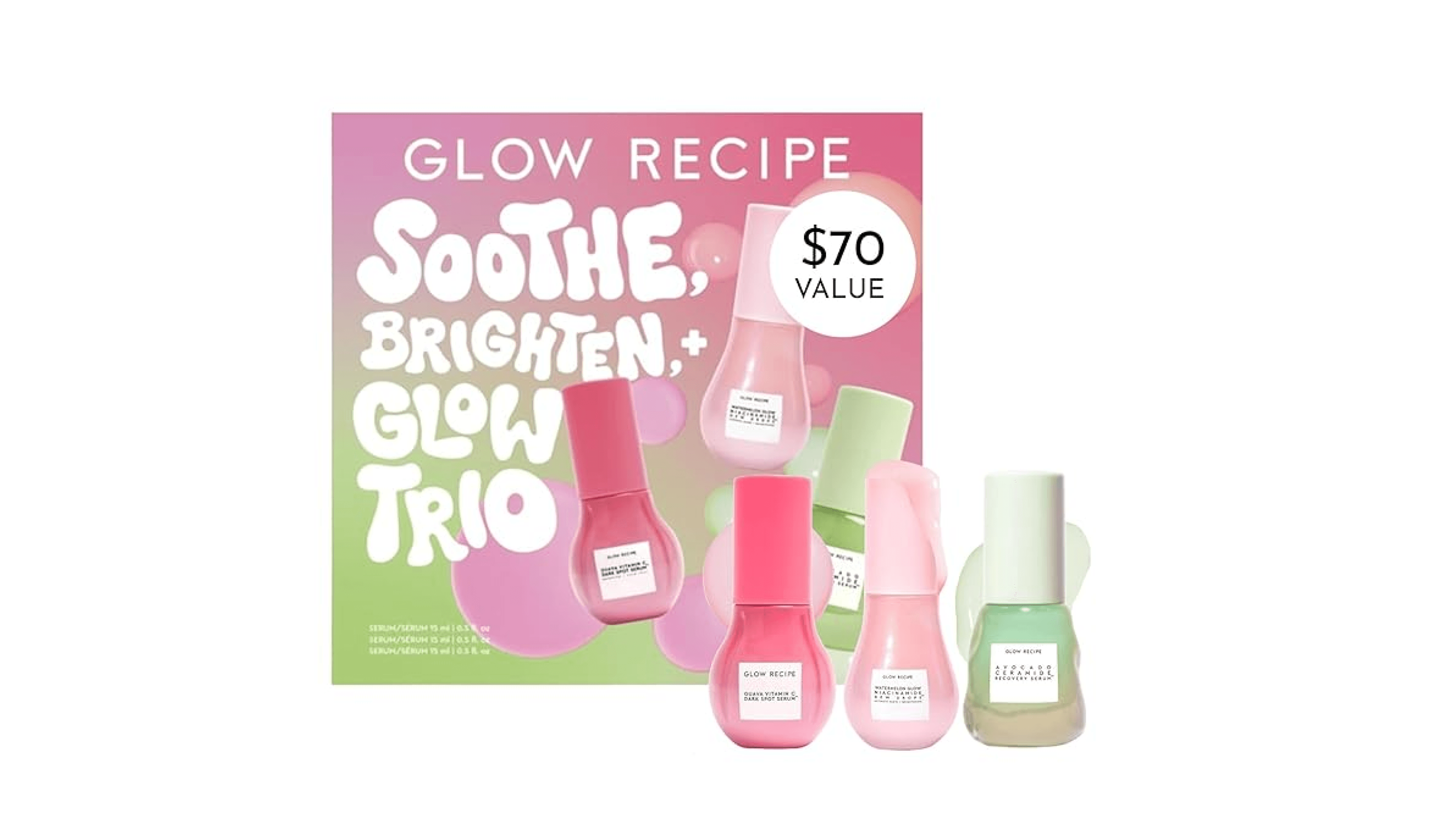 Glow Recipe Soothe, Glow & Bright Gift Set - Niacinamide Dew Drops Illuminating Primer & Avocado Ceramide Facial Serum & Guava Dark Spot Serum - Korean Skincare Travel Kit (3 Count)