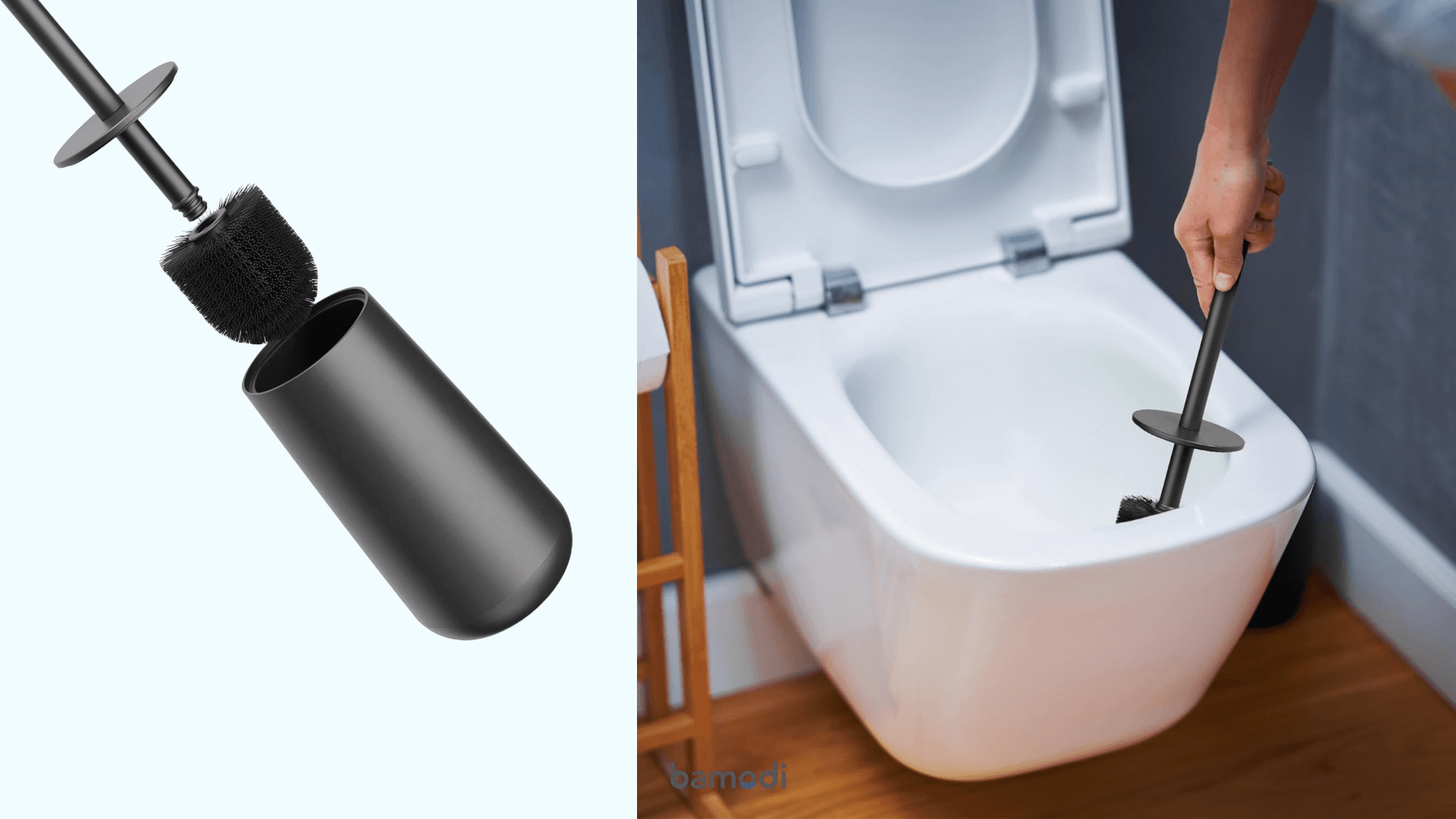 Bamodi Toilet Brush and Storage Stand - Dense PP Brush Head with Holder - Efficient Stain and Odour Removal - Modern Design and Space-Saving - Keeps Toilet Bowl Spotless - 15.27x4.40x4.40 Inch, Black