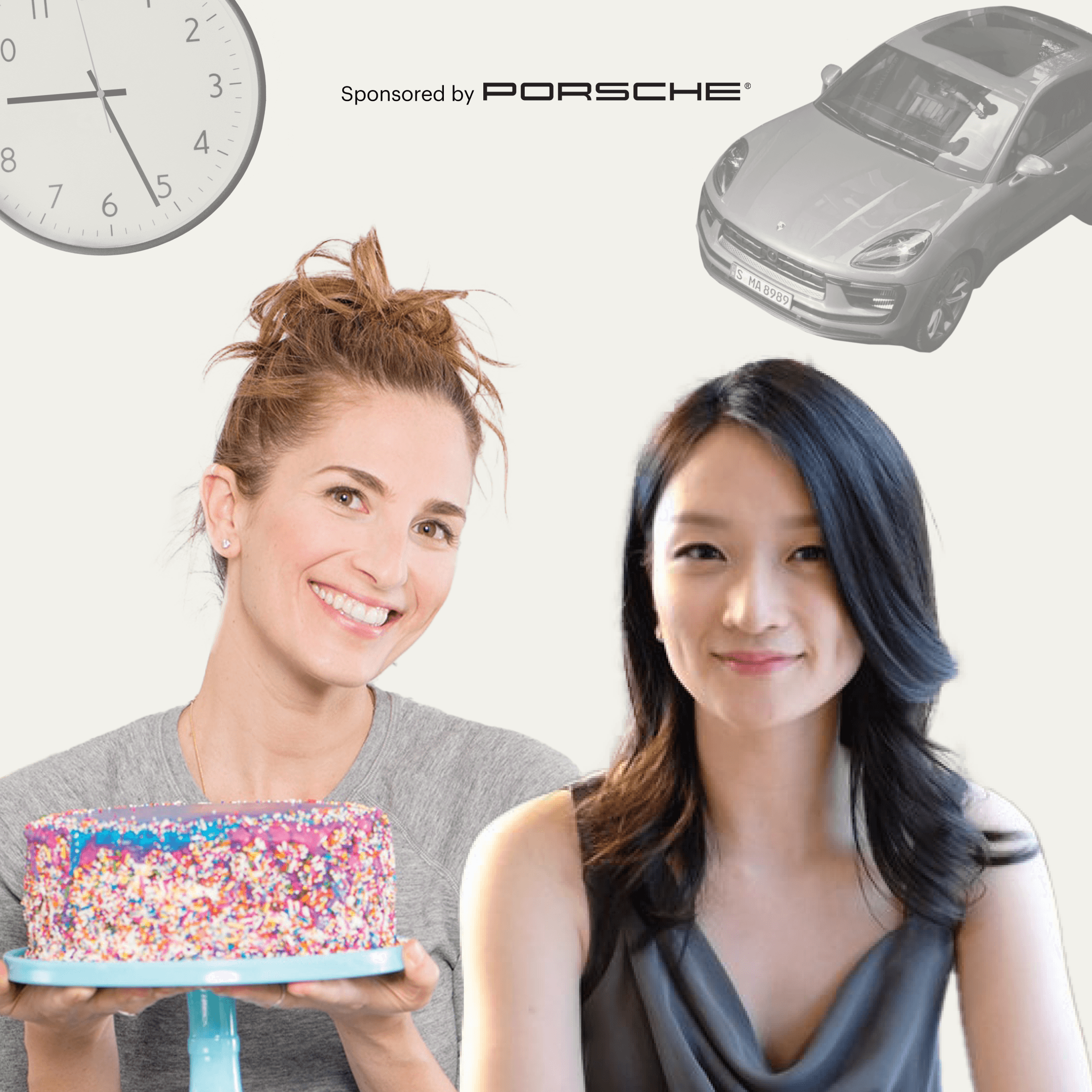 Entrepreneurs Melissa Ben-Ishay and Christine Chang against a tan background with a clock and Porsche Macan