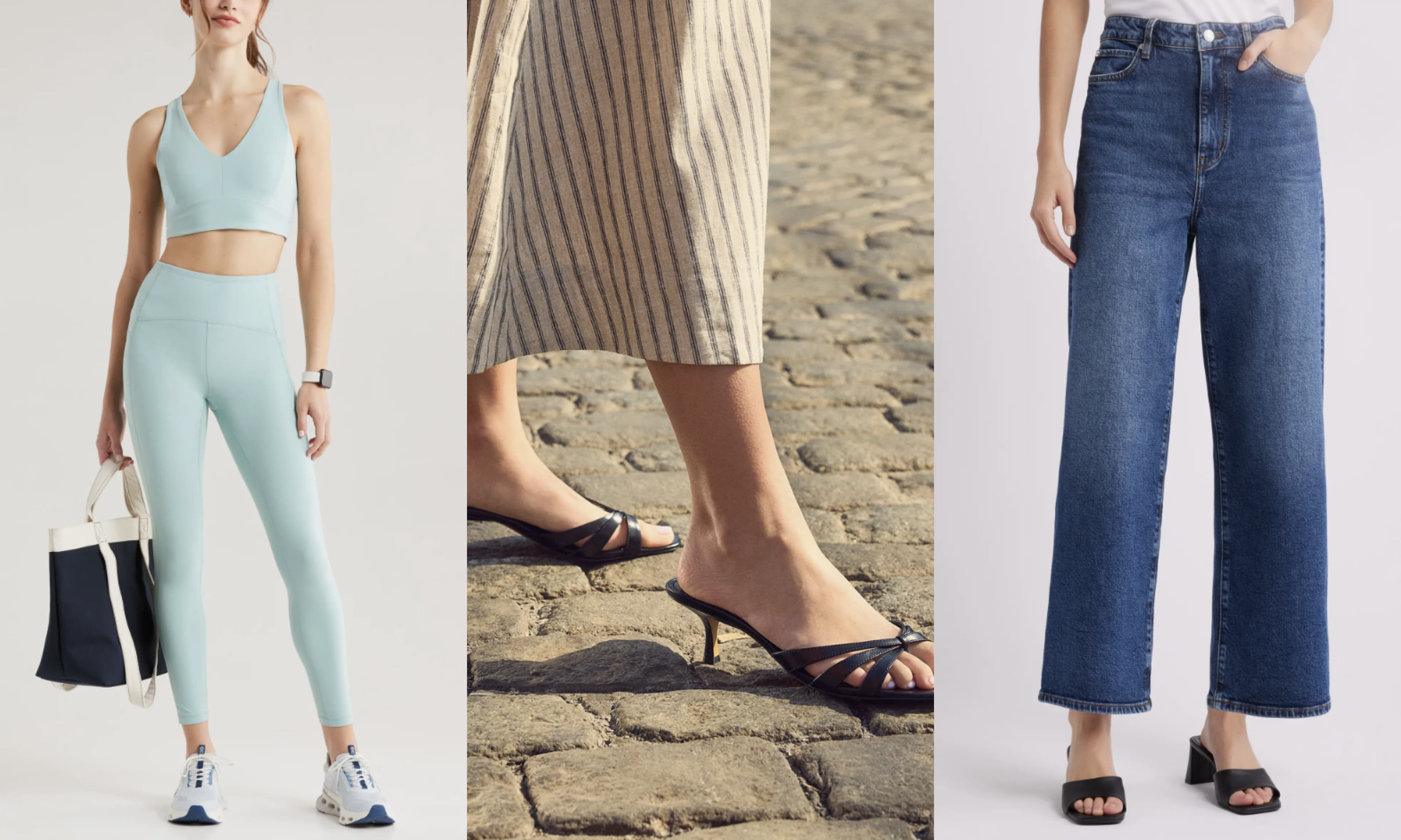 leggings, kitten heels, denim