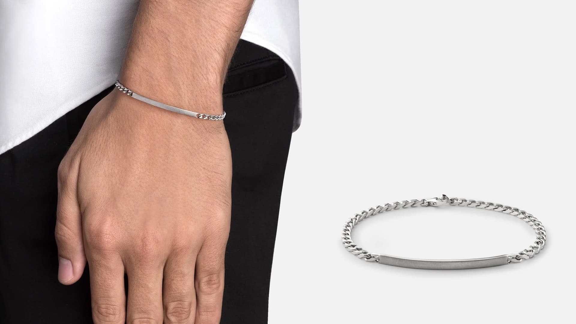 A customizable matte sterling silver ID chain bracelet. 