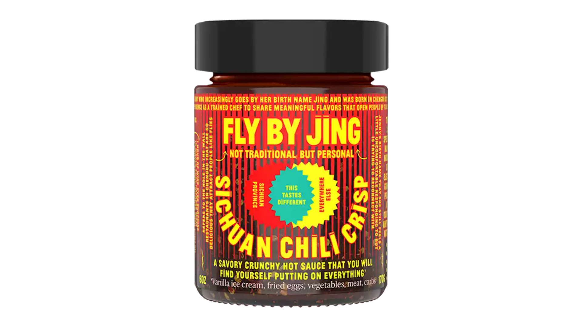 Fly by Jing Sichuan Chili Crisp jar on white background
