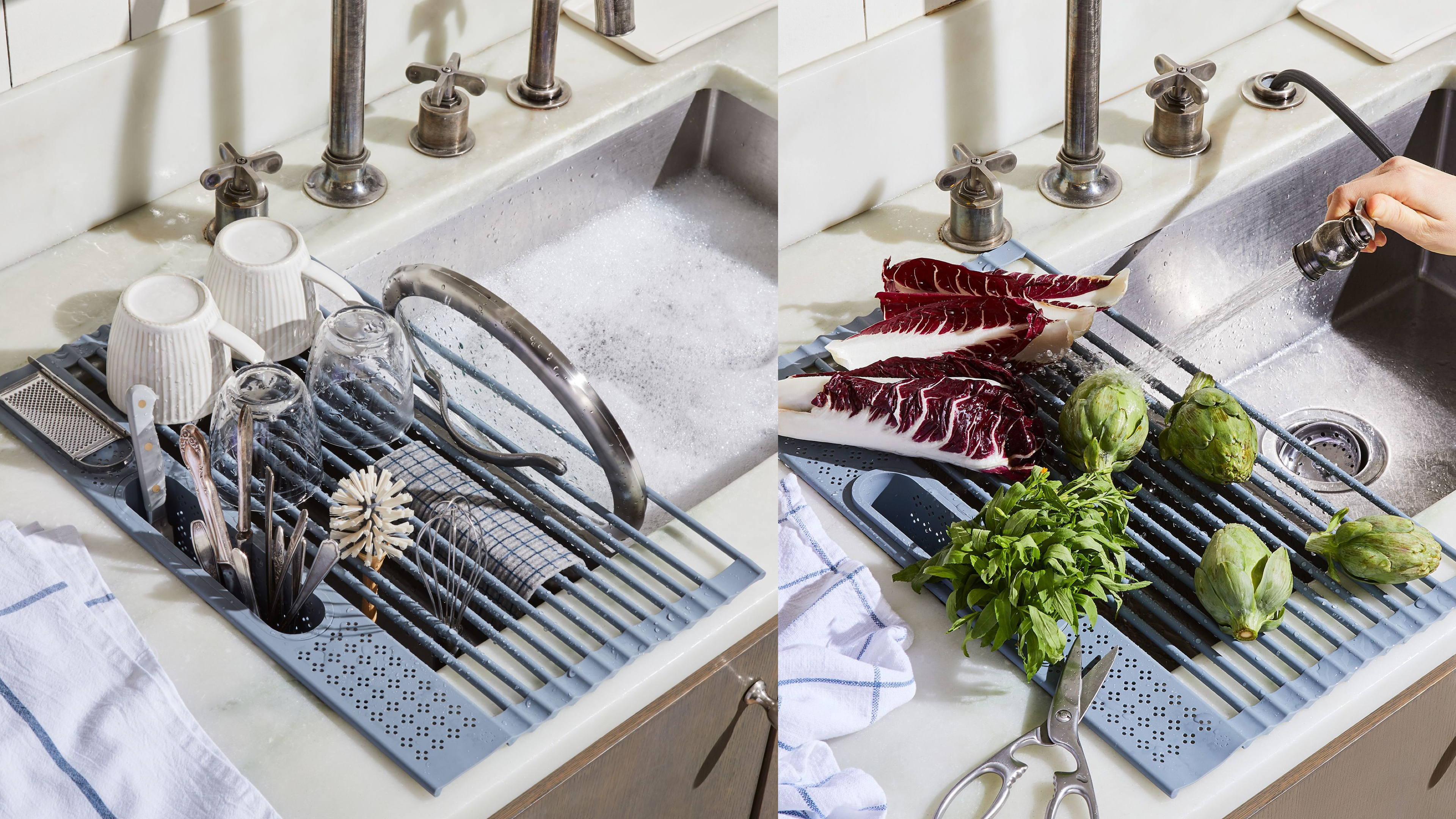 roll out drying rack that can sit over your sink and be put away once dishes are clean and dry